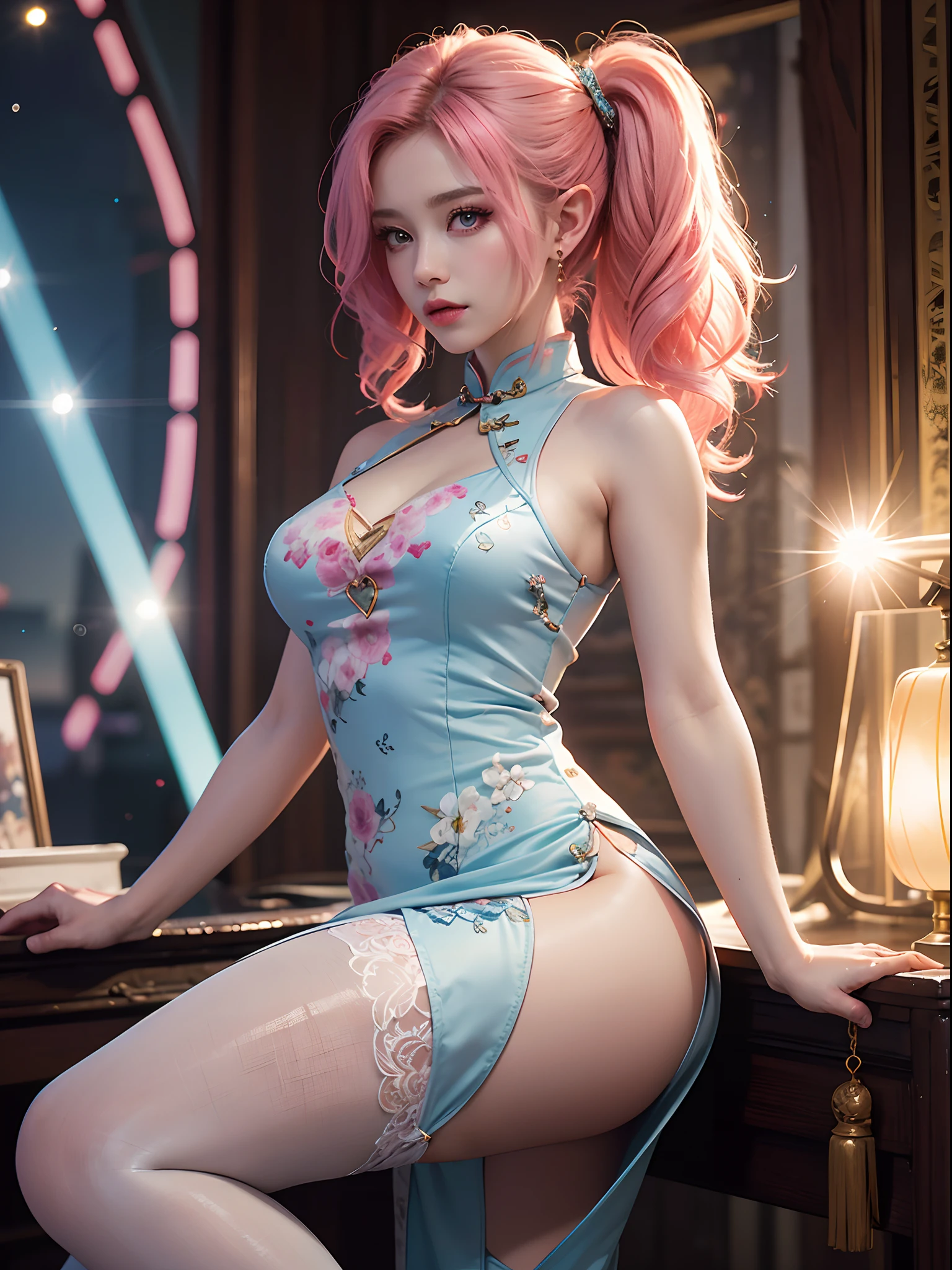 Unbeatable masterpiece, Ultra photo realsisim , Perfect artwork , Intricate details , Best quality , Strong light , High contrast , Dynamic pose , Dutch angle , (Blurry, Depth of field, blurryforeground:1.35) , A girl wears a white cheongsam with a high slit,Side tied up,Cropped porcelain dress, The chest of the cheongsam is hollow, You can see the, The sides of the cheongsam are fastened with ropes, wearing white pantyhose, Blue crystal high heart, Step into an art gallery, An art gallery of pink hair and elegant hair, The beauty of art is an annoyance,Pink hair,Pink eyes,elf, Pointy ears, (Starlight,Sunset , Lens flare:1.25) ,