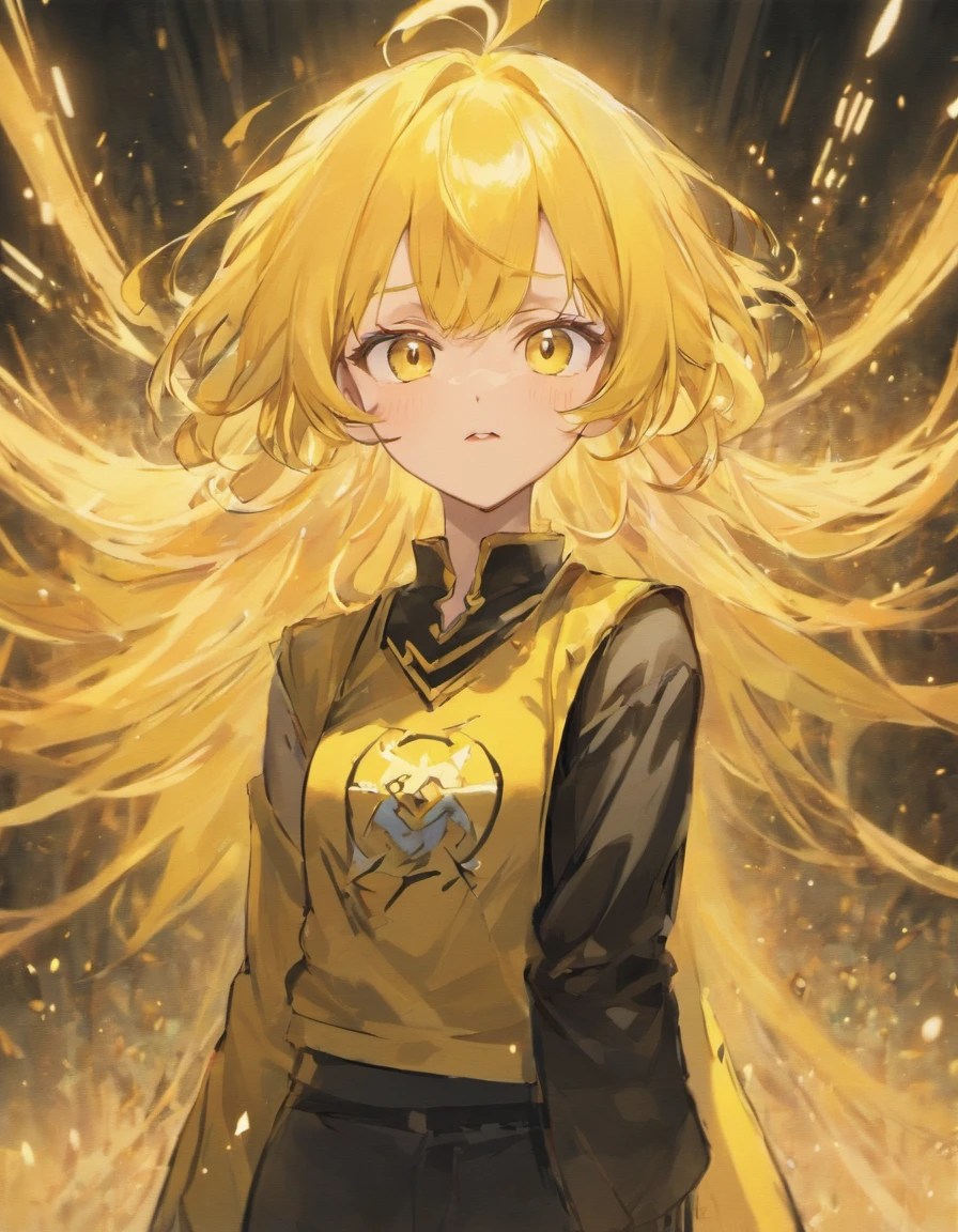 Yellow hair, golden eyes, black pants, yellow tunics