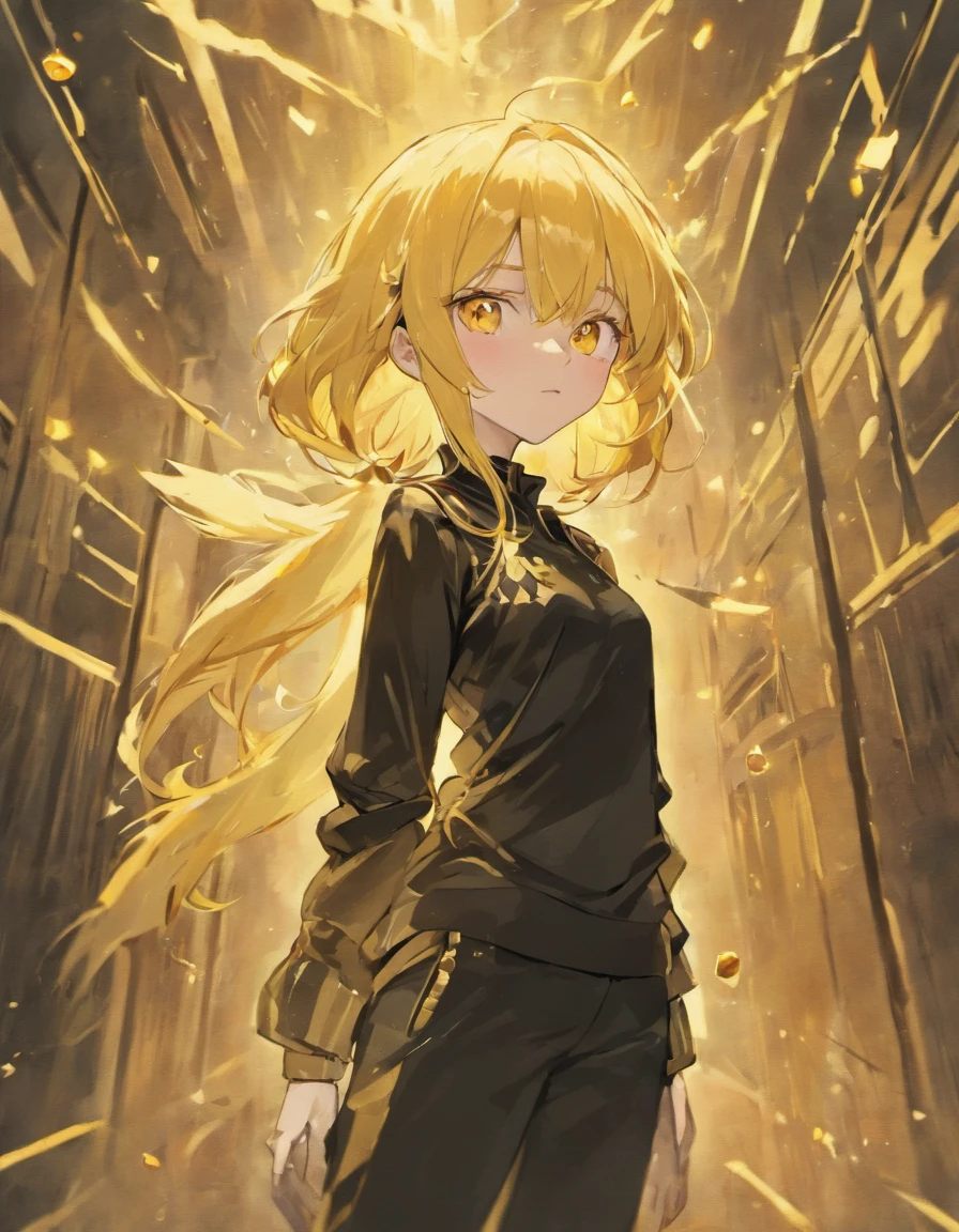 Yellow hair, golden eyes, black pants, yellow tunics