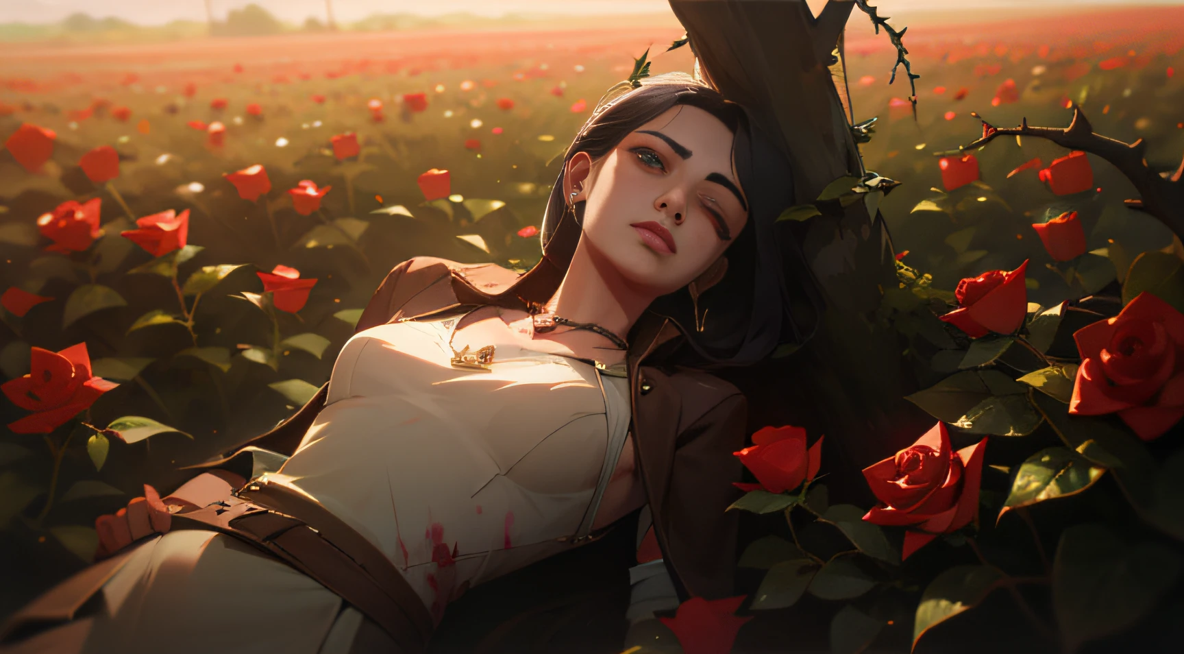image of a dead woman in a field full of roses, eyes closed and with a necklace of thorns around her neck, she is bleeding from her neck and head.