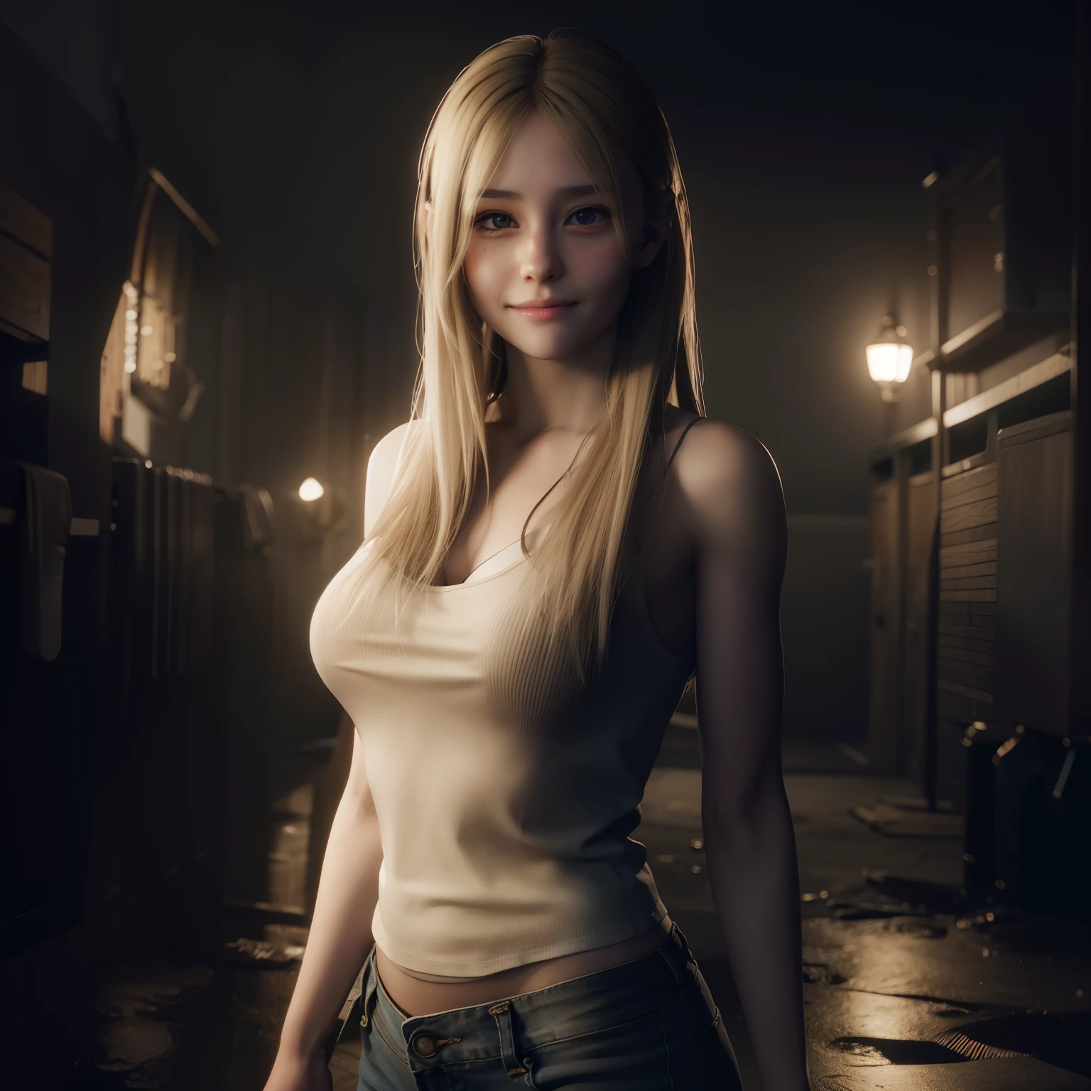 Best quality, little smile, long blonde hair, white tanktop, brown tight jeans, shy expression, by unreal engine