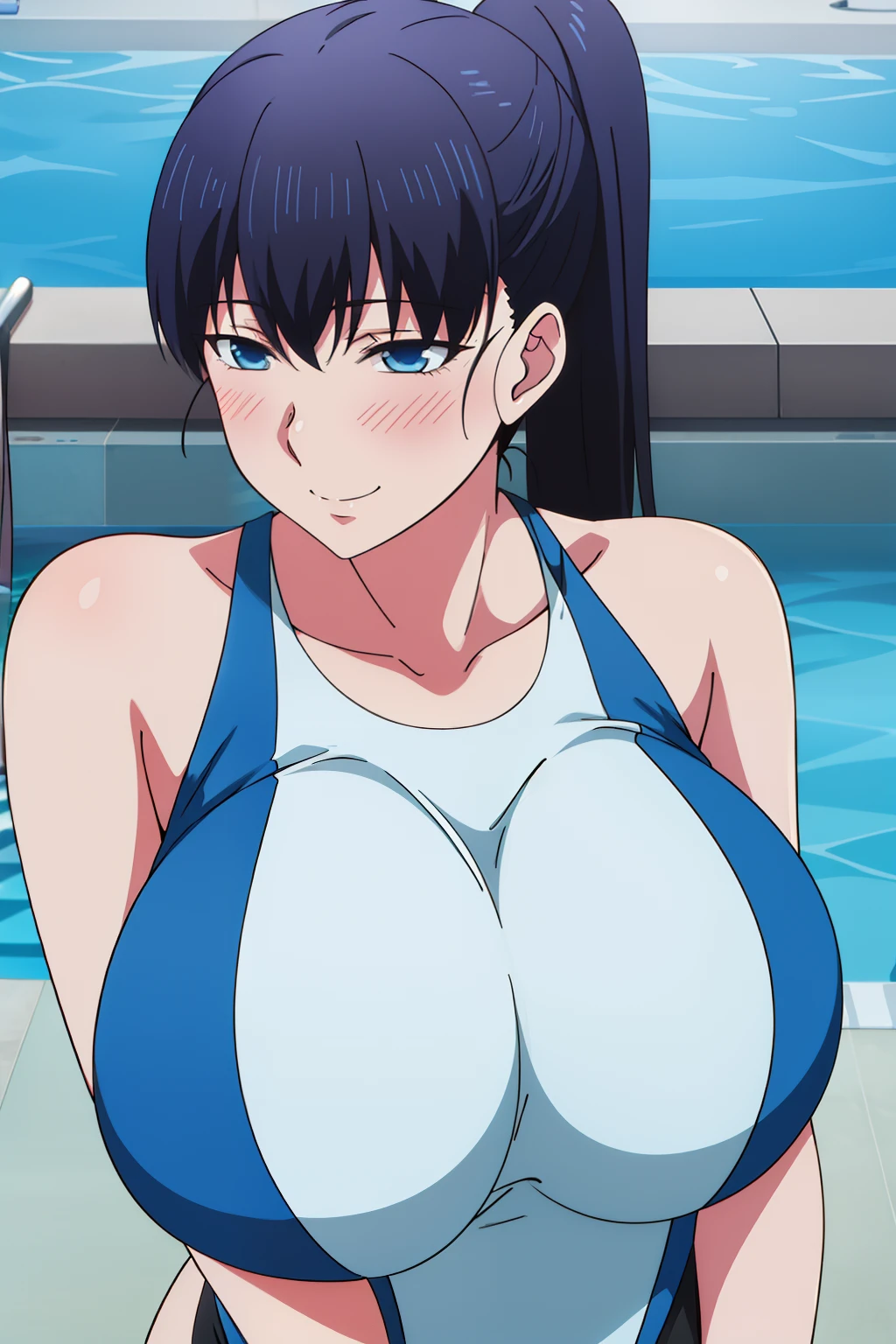 Best Quality, High resolution, Bare shoulders, pool, blue competition swimsuit,鎖骨, Black_hair,Blue eyes,Ponytail,Bangs,Long hair,Huge breasts, blush, Smile