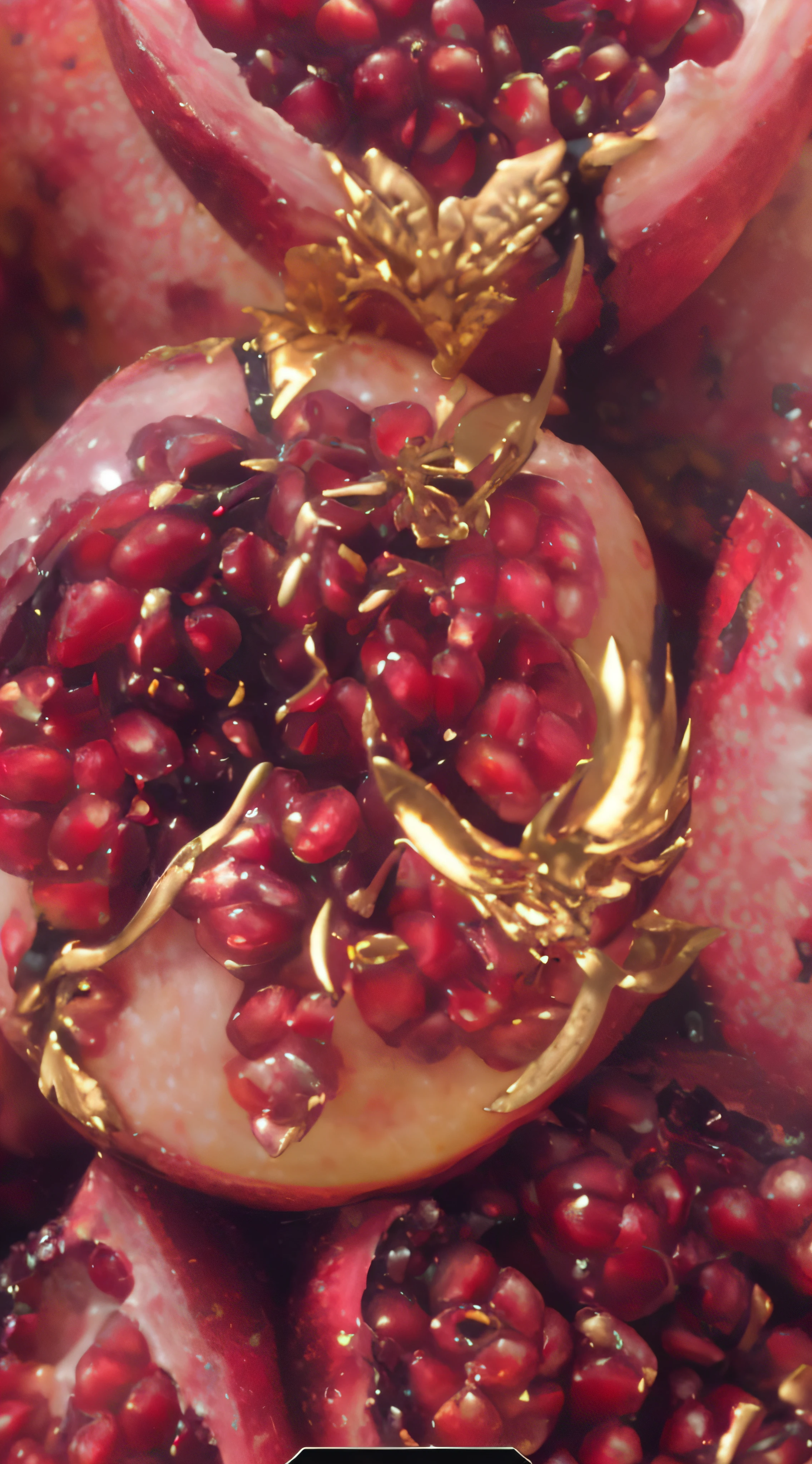 there is a close up of a pomegranate with a gold decoration, obsidian pomegranade, pomegranade, pomegranates, pomegranate, hyperdetailed oil painting, fairy fruit. octane render, wearing gilded ribes, hyperdetailed painting, valentina remenar, ultradetailed digital painting, detailed 4 k oil painting, inspired by Tintoretto, hyperrealism”