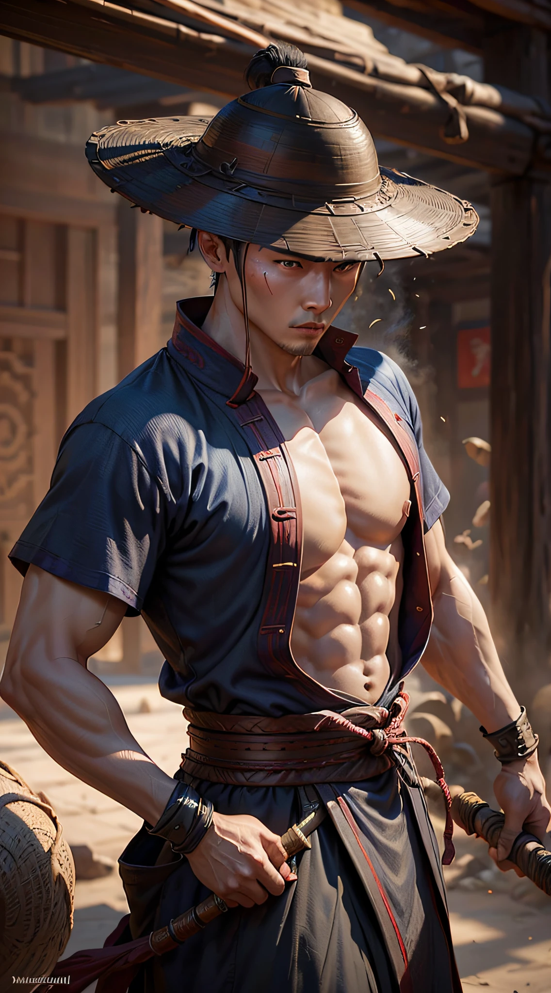 actor ((Simu Liu)) as Kung Lao from Mortal Kombat, in the Shaolin temple, dark blue bamboo_hat, bald head, Shaolin monk robe, intricate, high detail, sharp focus, dramatic, photorealistic painting art by greg rutkowski