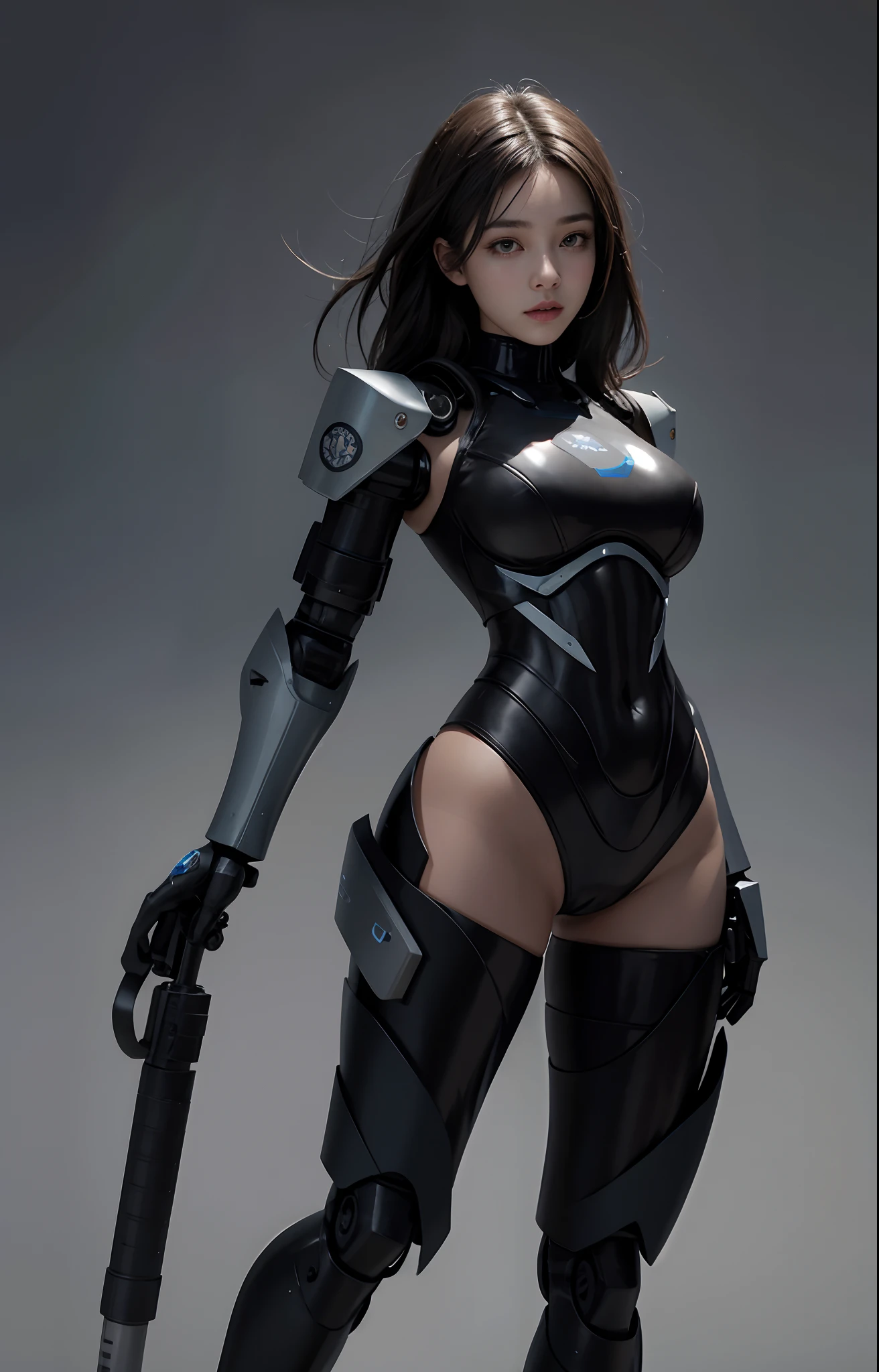Highest image quality, outstanding details, ultra-high resolution, (realism: 1.4), ((close up:0.75)), highly condensed 1 lady, with beautiful and a delicate face, (cloths color base ratio black:0.2 white:0.6 other-color:0.1), (wearing rash-guard likes police uniform, black tight, black and grey mecha, wearing high-tech heavy gasmask, military harness, carrying hich-tech-flamethrower-tank on back), background simple grey wall,