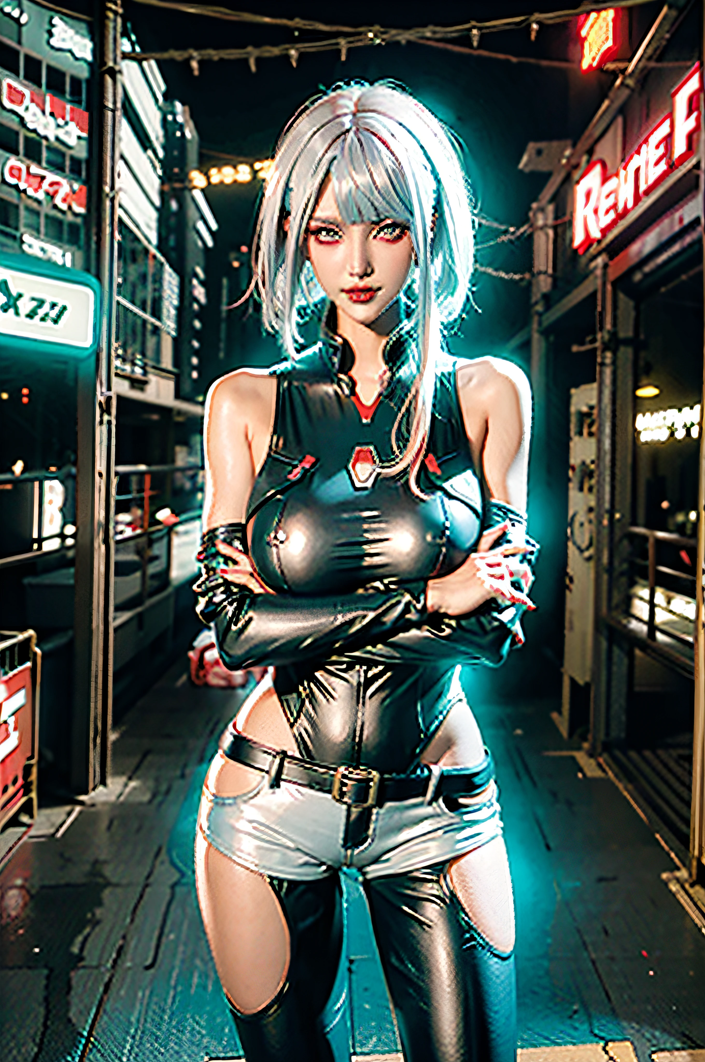 (photo realistic1.2),ultra detailed,(8K),(1girl),(cyberpunk:1.5),(ruins),(bed),Matte clothing,(cyberpunk costume:1.5),Futuristic Weapons,Future Items,Goggles of the Future,topless, (small nipples), (big breasts: 1.2),nude gravure, beautiful Japanese, clothes in disarray,earrings,(from above),looking at viewer,(reaching out),(snicker),bust shot,(silver hair),(medium hair),22years old, 