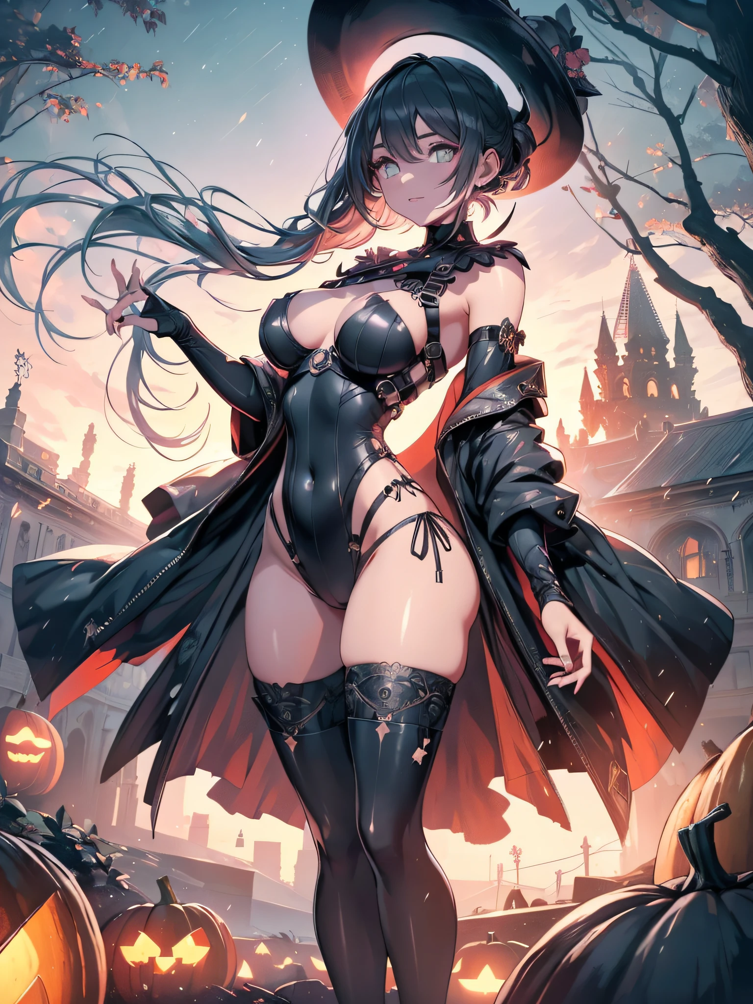 A girl in a Halloween costume, heterochromic detailed glowing eyes, full lips, long sideburns, demonic smile, small round breasts, big ass, thick thighs, around her pumpkin lanterns, webs, dry trees, {CG unit wallpaper 16k extremely detailed}, expansive landscape photography, (a low view with focus on the character and setting), (wide open field view), (low angle shot), (high light: 1.5), (low light : 1.4), (warm light source: 1.8), complex details, (iridescent colors: 1.5), (bright lighting), (atmospheric lighting), Dreamy, magical, aesthetic