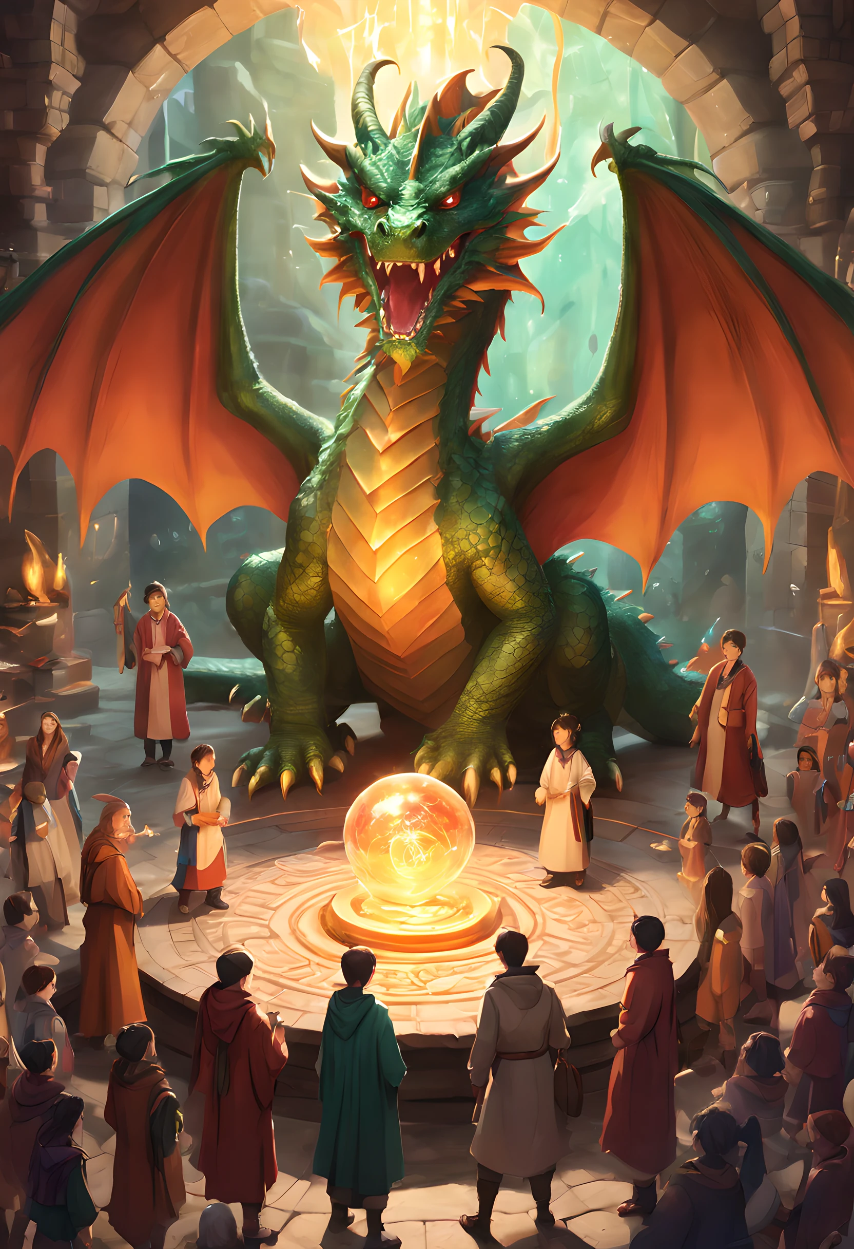 This illustration has bright colors and vibrant scenes, showing the charm of the magical academy. In the center of the picture is a huge summoning circle, glowing brightly with arcane energy. This symbolizes that the academy is a place where students can learn to harness the power of magic and summon powerful creatures, such as dragons.
The summoning circle is surrounded by a crowd of eager students, wearing robes of different colors to represent their different magical disciplines. They have gathered to witness the summoning of a dragon, a rare and awe-inspiring event.
In the lower left corner of the screen, there is a pile of dusty tomes and scrolls, symbolizing the vast knowledge and ancient secrets that are held within the academy's walls. Next to the books is a staff topped with a crystal orb, a symbol of magical power and authority.
In the right corner of the screen, a massive dragon emerges from the summoning circle. Its scales are a shimmering emerald color, and its eyes glow with fiery intensity. The dragon roars in triumph, its wings beating the air with a thunderous sound.
At the bottom of the screen is a banner that reads "Magical Academy: Summoning a Dragon!", along with the date and time of the event. This banner is designed to attract students who are interested in learning more about magic and summoning.
The illustration comes to life, characterized by creativity and diversity. It is meant to inspire students to join the magical academy and explore the infinite possibilities of magic.