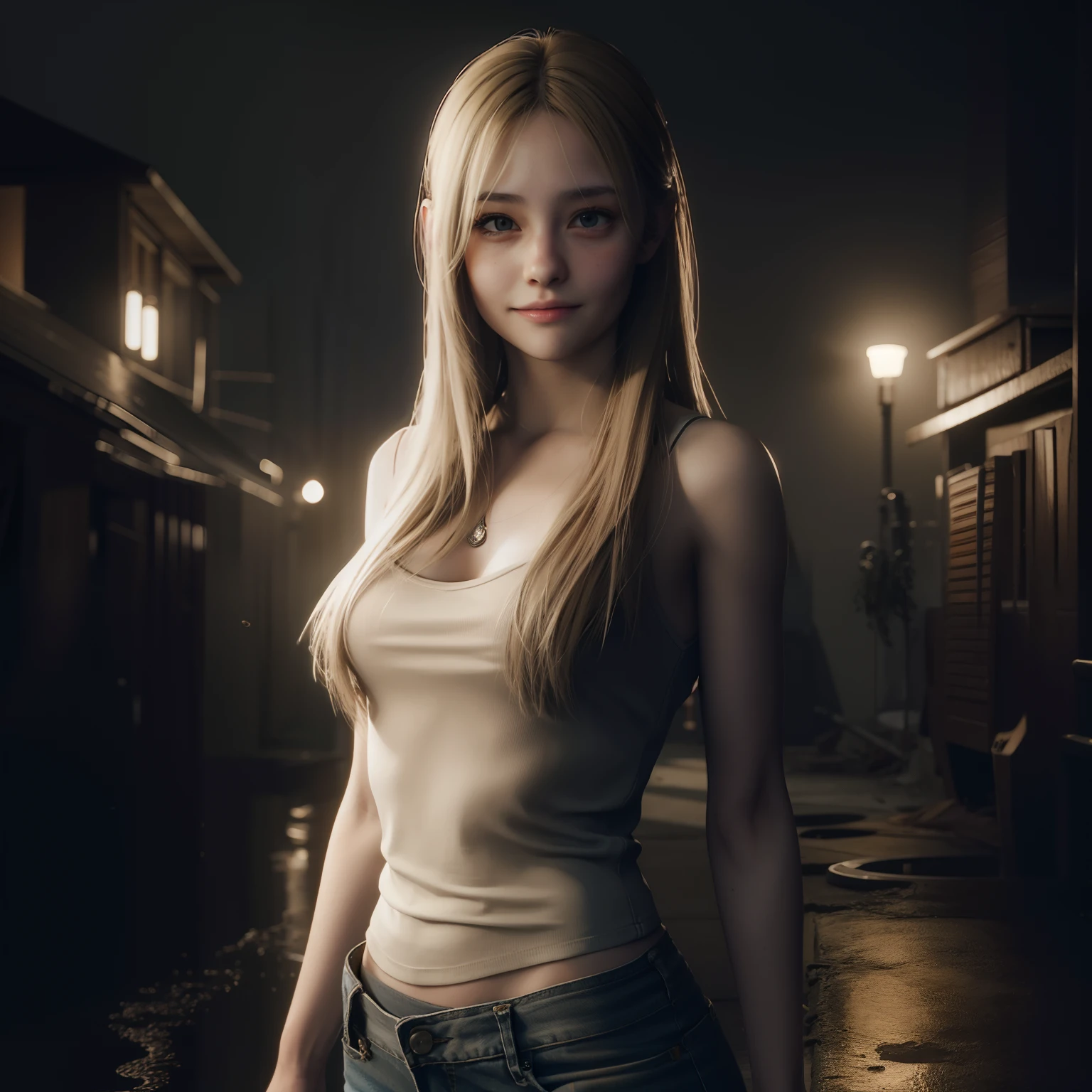 Best quality, little smile, long blonde hair, white tanktop, brown tight jeans, shy expression, by unreal engine