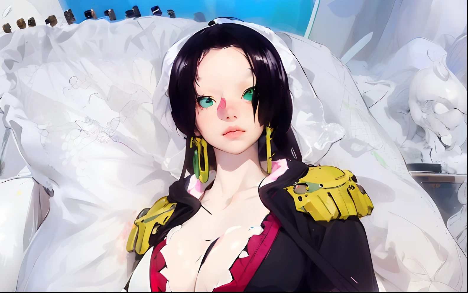 ((1girl,solo))absurdres, highres, ultra detailed, (1girl:1.3), (disheveled hair,beautiful detailed eyes,shiny oily skin:1.1),(green eyes)
study room
Quiet music is playing in a dark room
various writing tools and electronic devices
Wearing shorts and a t-shirt
The girl is lying in bed and sleeping