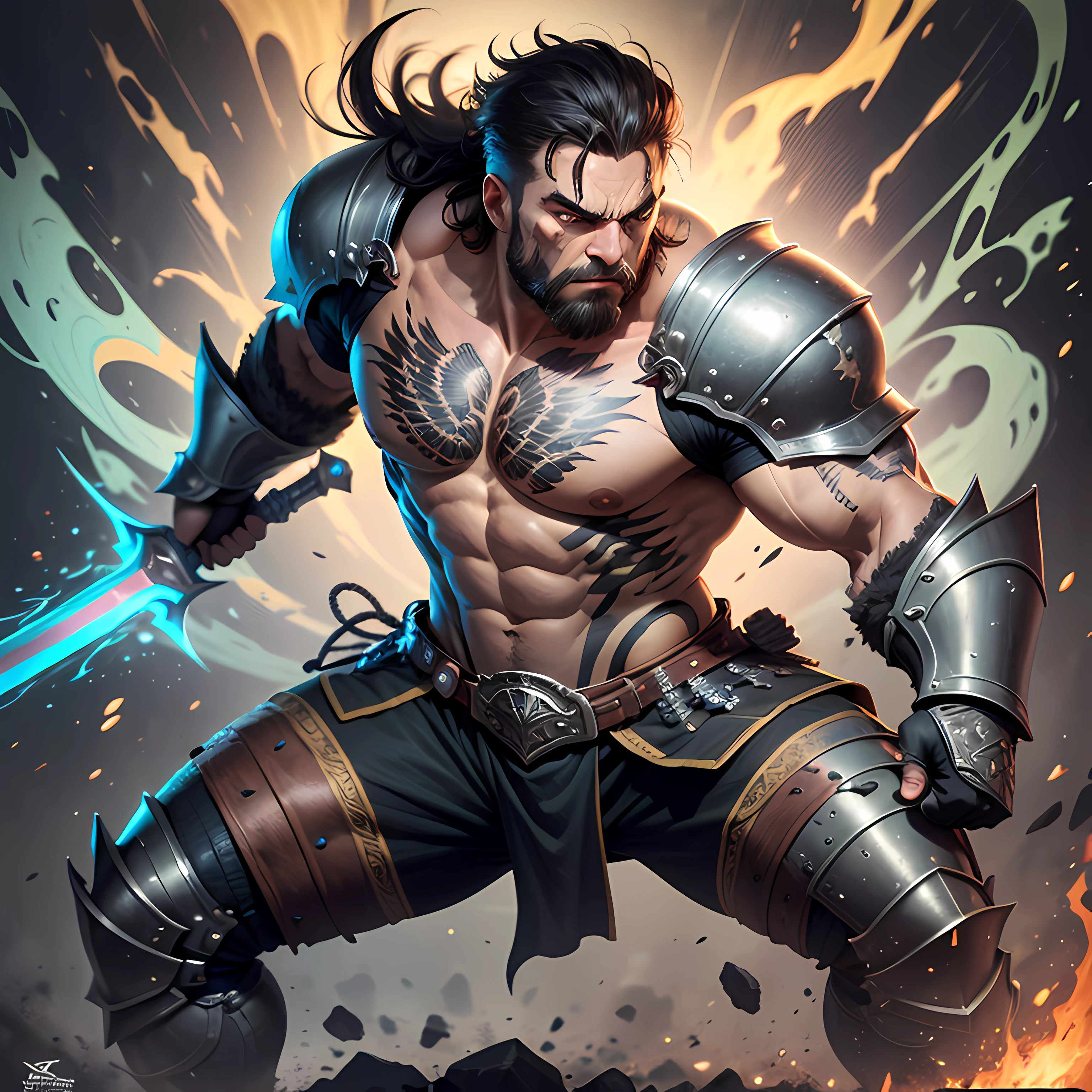 A strong and imposing warrior, wearing heavy armor and wielding a broadsword. He has a determined expression and battle marks on his face. RPG character style, full body, tattoo stroke, vector art, Illustrator, 8k, ultra realista
