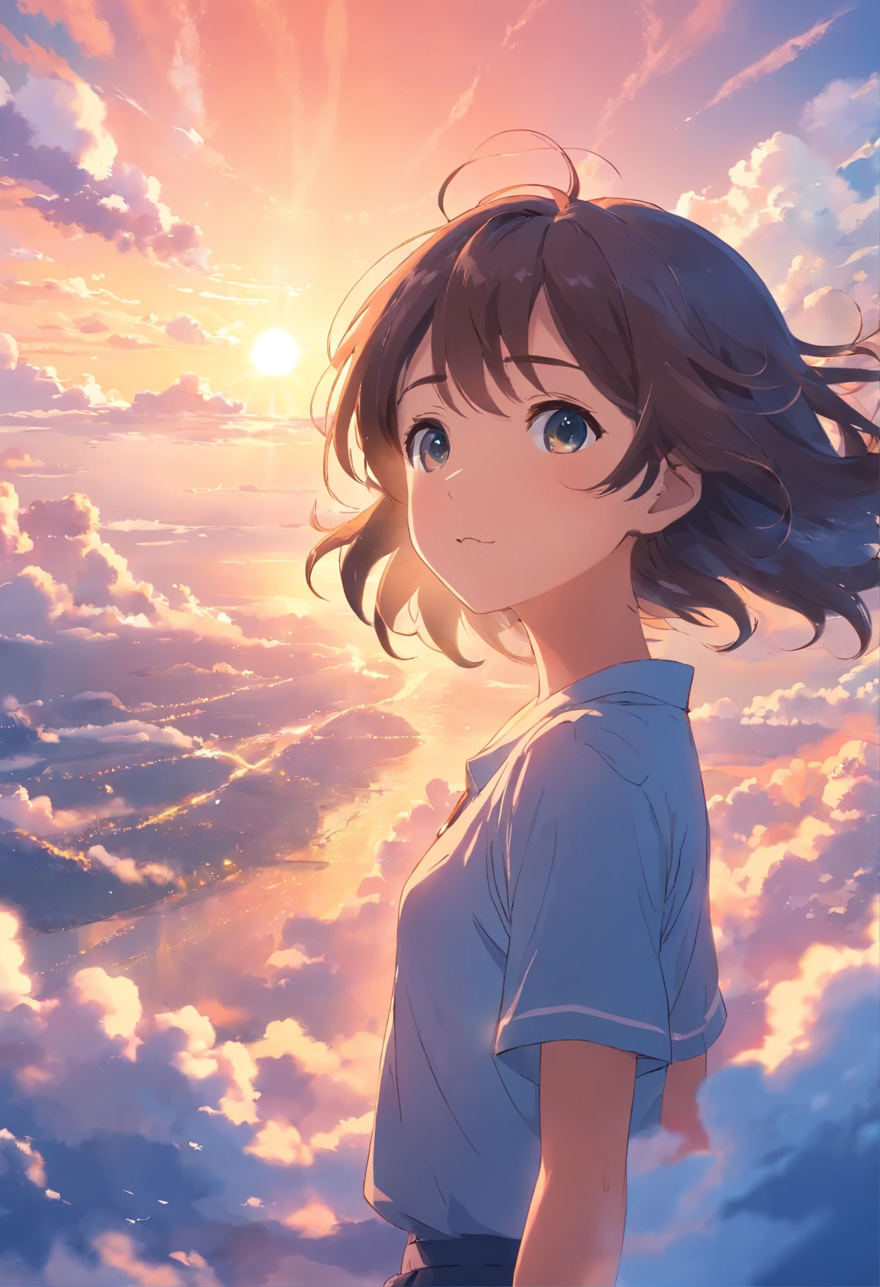 masterpiece, best quality, movie still, 1girl, cloud girl, floating in the sky, close-up, bright, happy, warm soft lighting, sunset, (sparks:0.7)