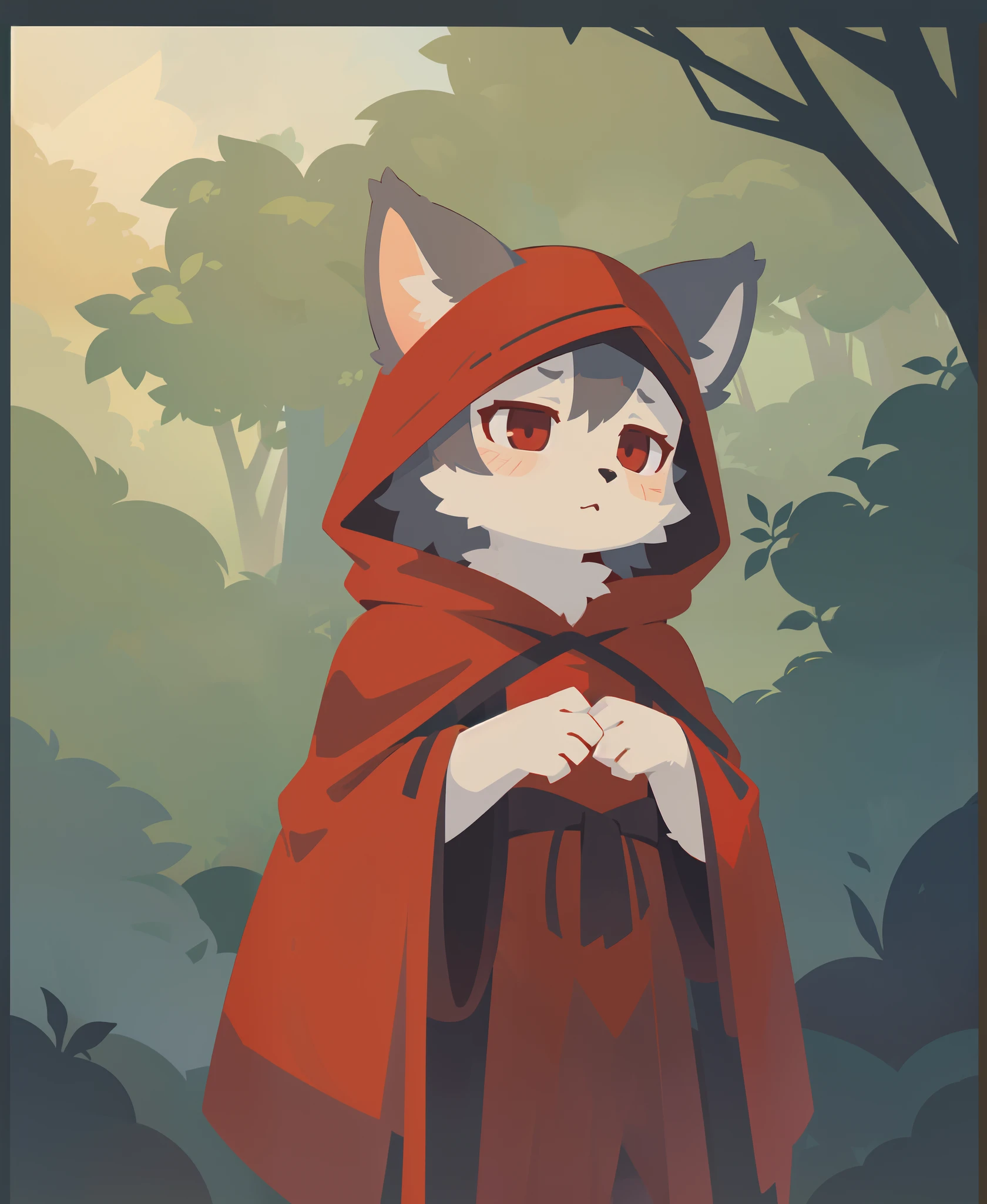 1girl, grey wolf girl, red riding hood, red hood, forest, child, bushes, cowboy shot, (best quality, masterpiece, illustration, ultra-detailed:1.3), (uploaded on e621, furry, anthro, kemono:1.3),