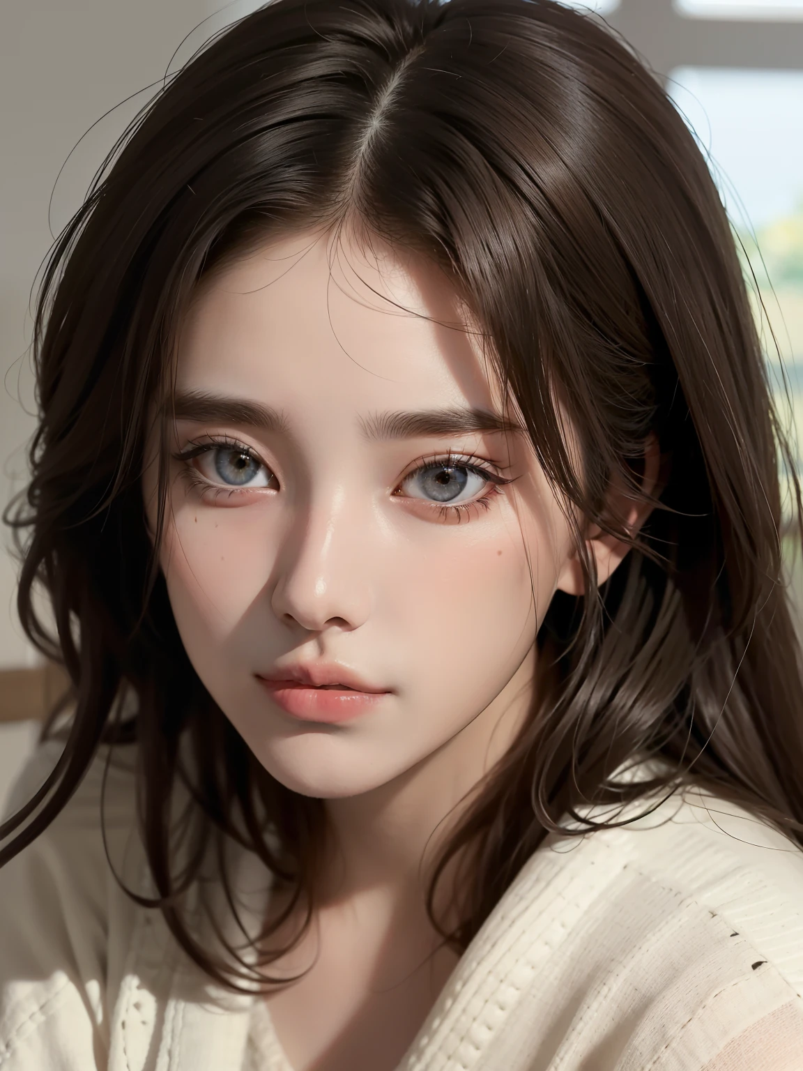 La mejor calidad, obra maestra, ultra-high-resolution, (fotorrealista: 1.5), foto en bruto, rostro de Momo de Twice, mirada triste, con escote asomando