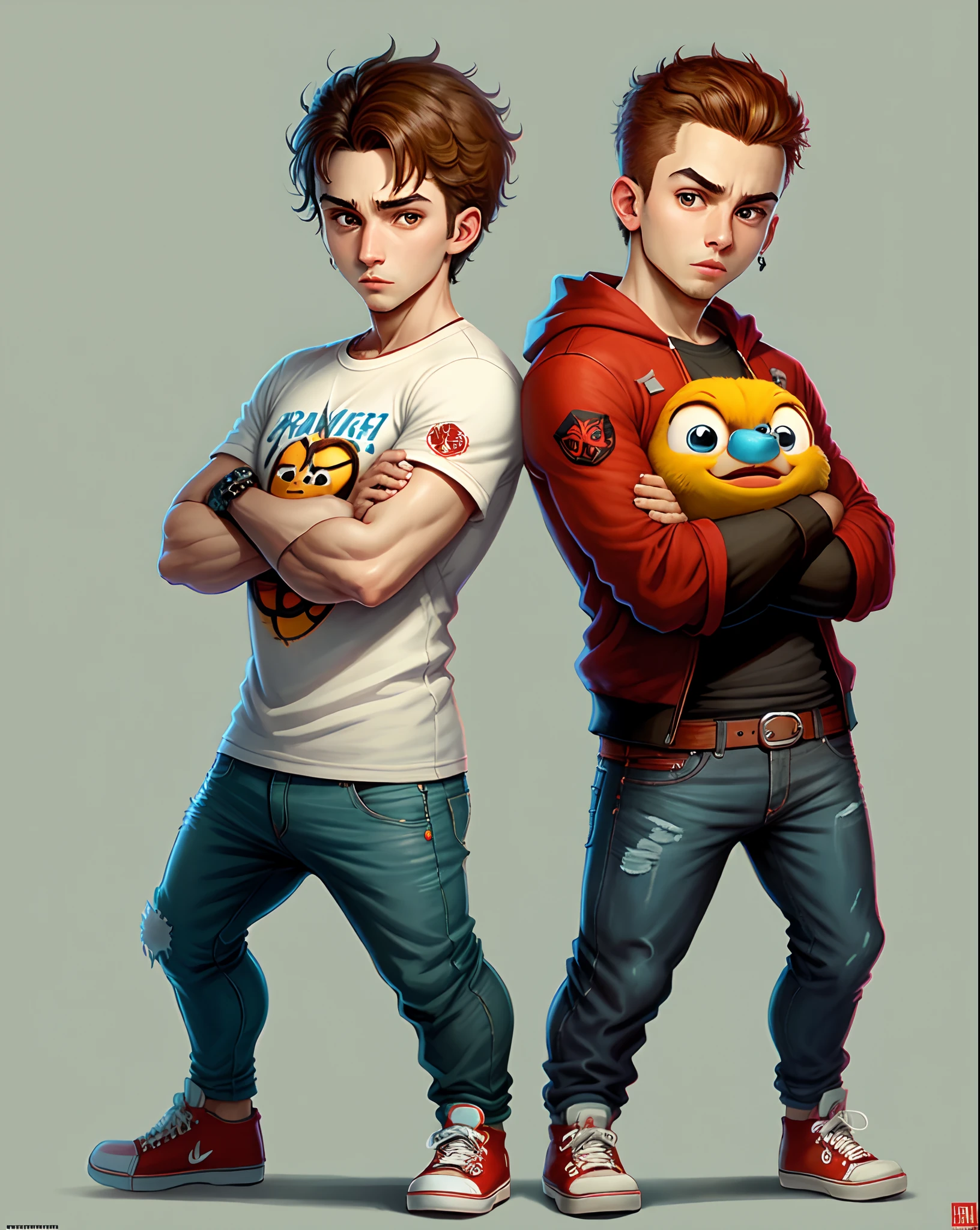 Make a pixar-style poster.
Sou um Homem jovem 37 anos cativante, barba grisalha, fleshy lips, rosto levemente rechonchudo, cabelos pretos curtos e longos, Head tilted slightly to the left, medium brown eyes, 2 delicados brincos de argola prateados na orelha esquerda, camisa xadrez vermelha e azul.
Black slim jeans.
Black and red sneakers.
Fundo estilo Disney Pixar.