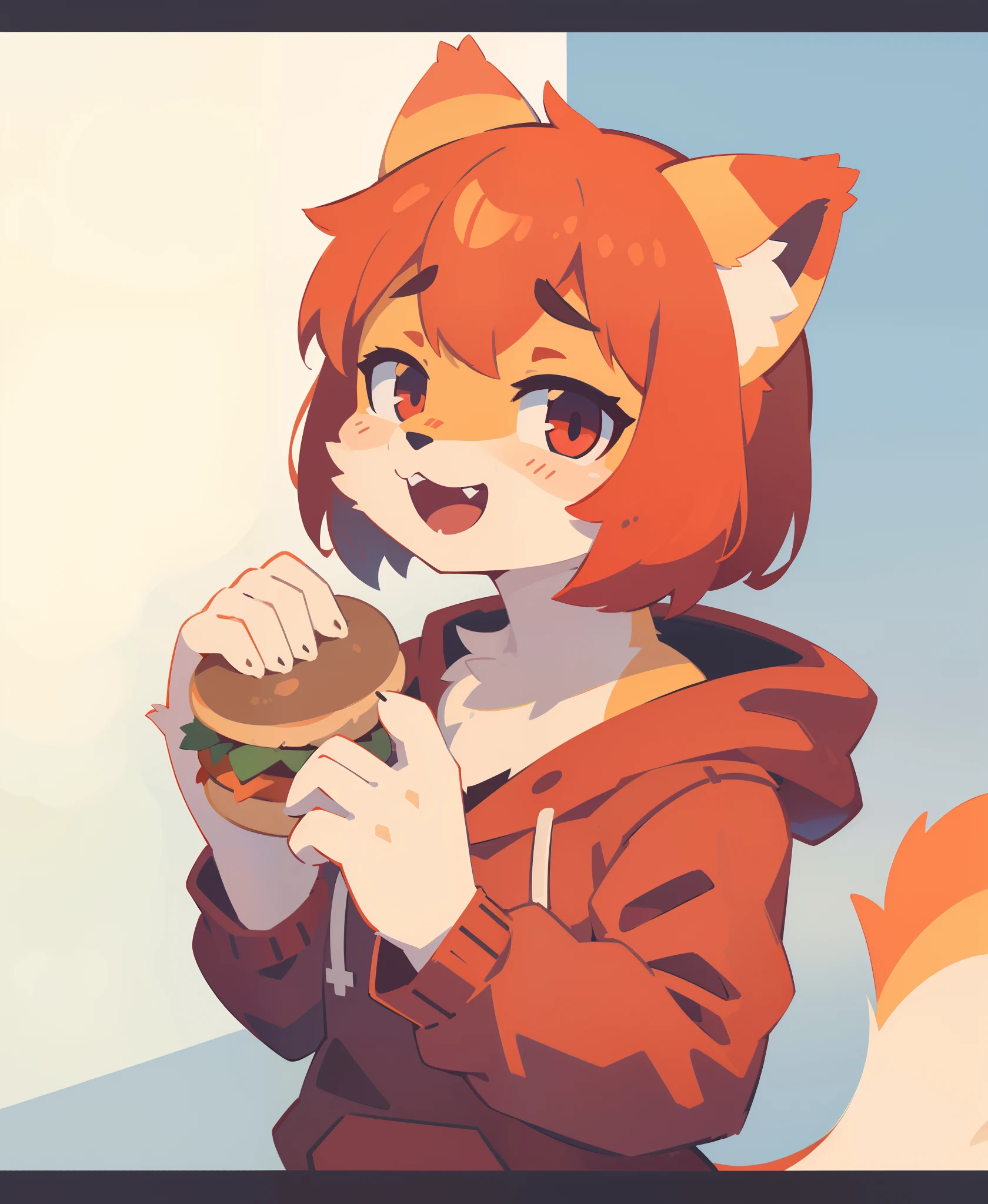 1girl, solo, holding a burger with two hands, bob cut, short hair, :d, cat girl, white fur, portrait, red hoodie, (best quality, masterpiece, illustration, ultra-detailed:1.3), (uploaded on e621, furry, anthro, kemono:1.3),