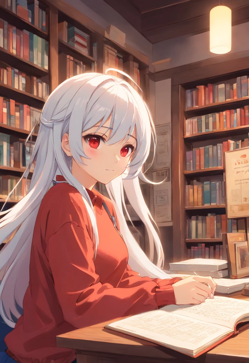 one-girl,bookshops,White hair,red eyes,nakeness,Hold a book in one hand,sittinng on the desk,Sunnyday,Single horsetail,cute big breasts,