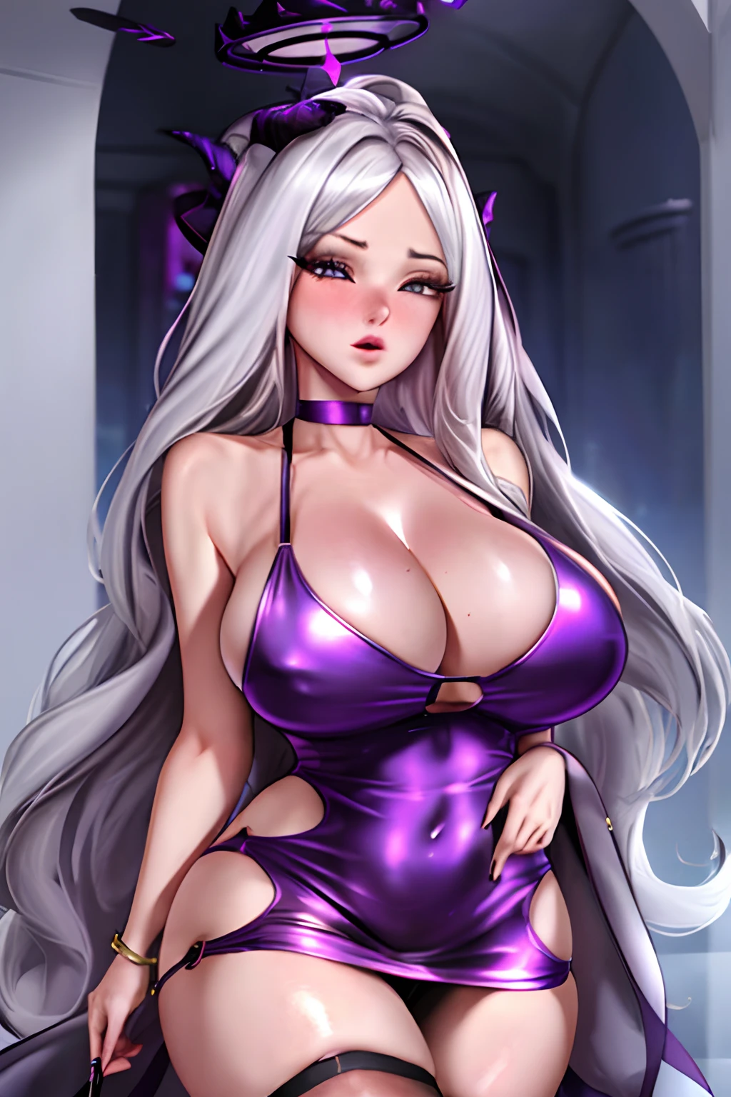 ((best quality)), ((masterpiece)), (detailed),photorealistic, ultra high res, intricate, hyperdetailed, (skindentation), cute, feminine, detailed body , (detailed face:1.1),(perfect eyes), 4k, beautiful,(1girl:1.4),(huge breasts:1.6),thick eyelashes,long eyelashes,perfect dynamic composition,(thick thighs:1.4), wide hips, 
Hina, hinaba, mature female, mascara, long eyelashes, silver hair, halo, horns, 
tight,skin tight,heavy breathing, open clothes,off shoulder,bodycon,microdress,  (pink dress:1.3), cleavage,thighs, latex,shiny clothes,fishnet thighhighs, looking at viewer,  bare shoulders, sleeveless dress, no sleeve, dress,cowboy shot, halo,
(scared:1.2),open mouth,blush, thick lips,(huge lips:1.2) , (massive lips: 1.2), (parted lips:1.2), (thick lips:1.2),cowboy shot,
(8k), (4k),(Masterpiece), (Best Quality), fantasy, extremely detailed, intricate, hyper detailed, detailed eyes,(perfect face), illustration,soft lighting,(specular lighting:1.4),shiny skin,looking at viewer,