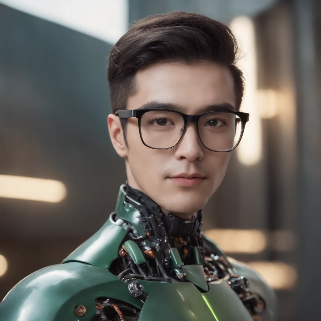 Male robot body hair with black-rimmed glasses with mashed hair, Look into the camera  ::Futuristic cyberpunk style ,Realistic style ::n_digital-painting style, Deformed parts, deformed face ::Seed 1、Black-rimmed glasses、Mashed Hair、Big nose、Clothes based on green