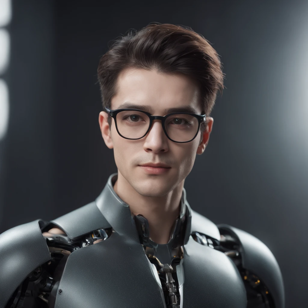 Male robot body hair with black-rimmed glasses with mashed hair, Look into the camera ::Futuristic cyberpunk style ,Realistic style ::n_digital-painting style, Deformed parts, deformed face ::Seed 1、Black-rimmed glasses、Mashed Hair、Big nose、Clothes based on green