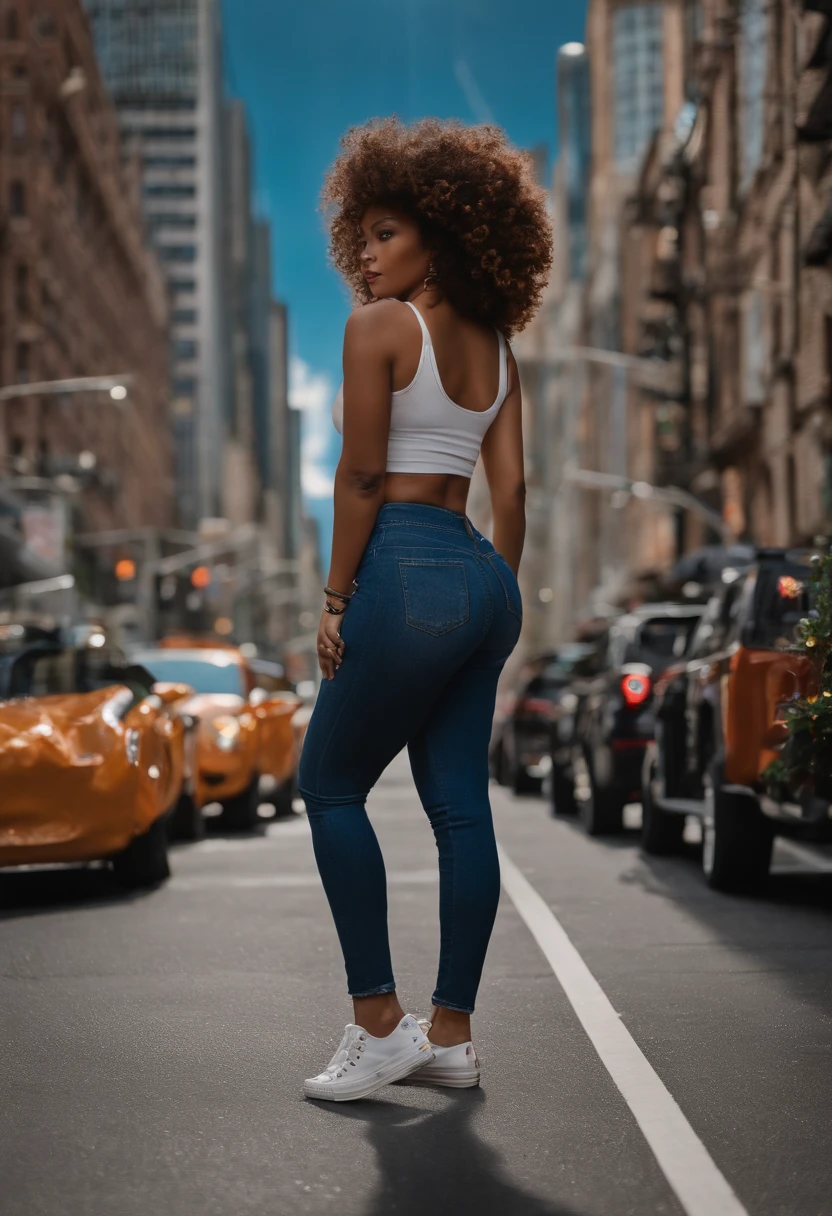Black woman, Full body like,United States,curlies,honey brown hair,athlete,converse shoes, black cut up jeans, crop top shirt ,perfect figure beautiful woman, huge tit,Highly detailed facial and skin texture,A detailed eye,二重まぶた ( City street:1.1)