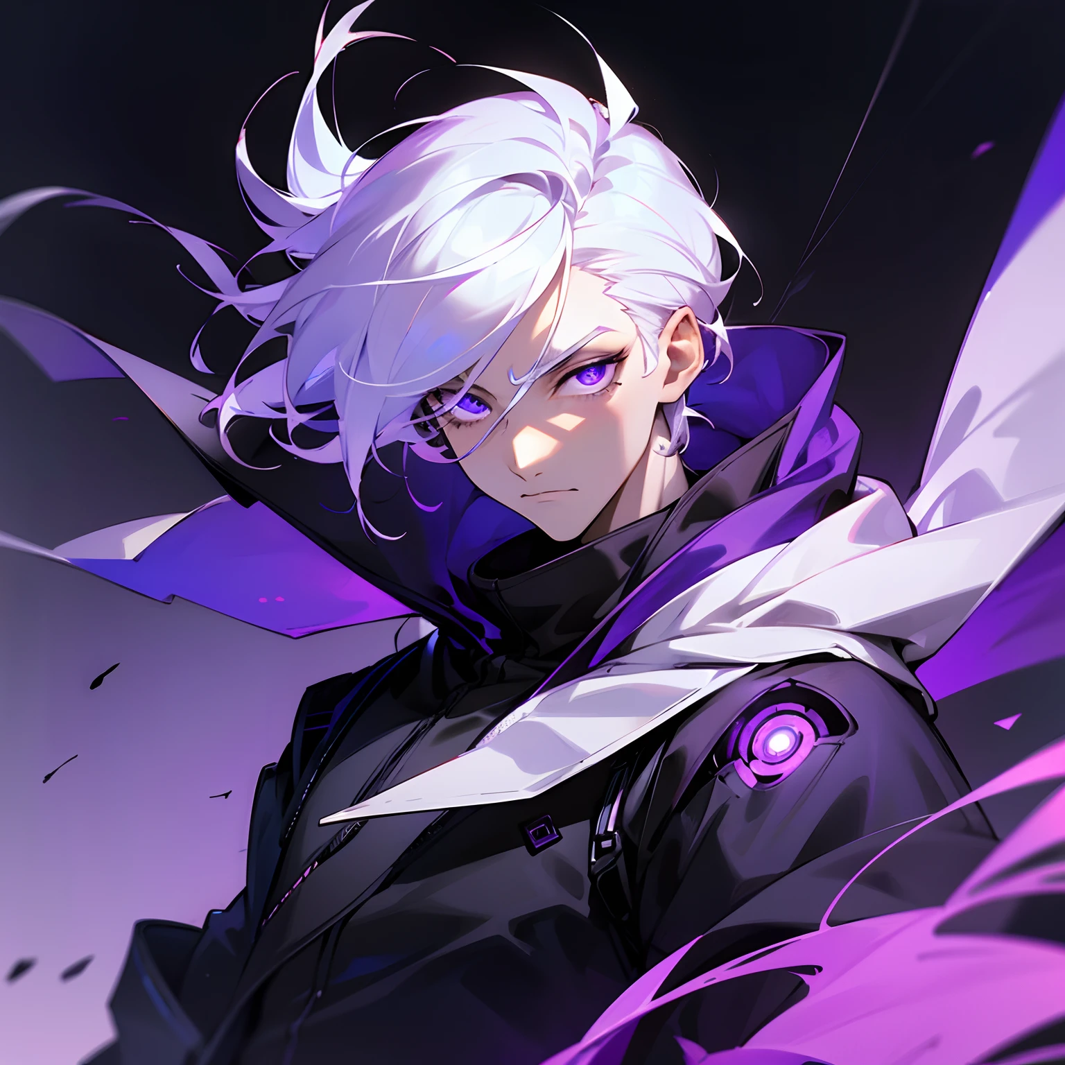 1male with white hair purple glowing radiant eye sad face expression ,white long eyelashes, short hair, wearing black hoodie, background very high tech futuristic city black and purple theme, wind blowing hair,