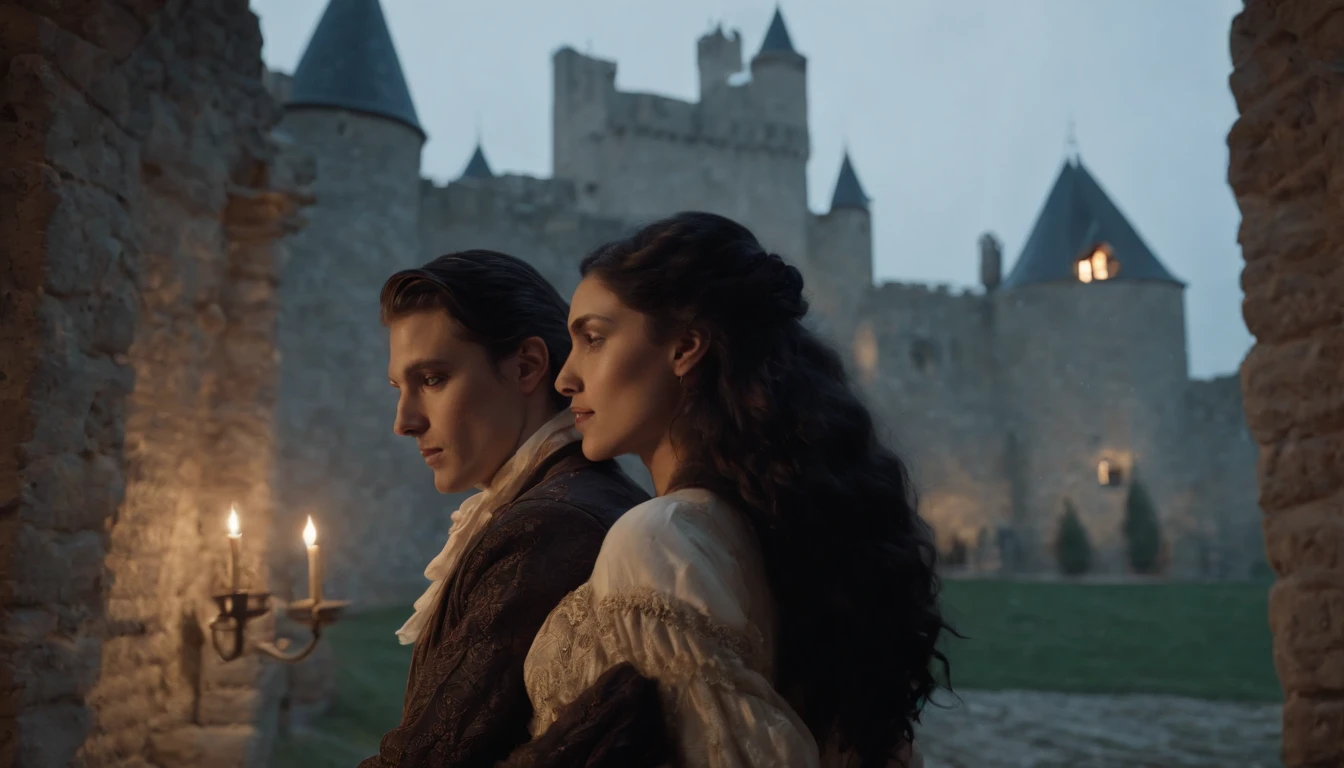 view from behind, wide view, in the shadows of a castle wall, two lovers embrace, a young gypsy man with black hair and a young noble woman with long black hair and ivory skin, hidden by the darkness of the castle, night, moon rising, snow falling, cinematic, 8k, cinematic scene from film, gothic, eerie, mysterious