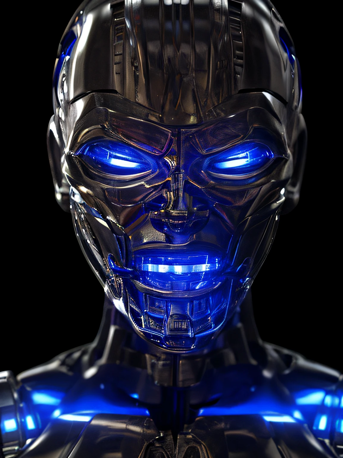 ultra realistic, very high quality, clear lighting, daytime, T-X, endoskeleton, (T-X endoskeleton:1.1, T-X:1.0), detailed T-X, glowing blue, chromatic, chrome reflection, ultrarealistic T-X, (deep focus:1.0), sharp details, photorealistic subject, ultra HD, 8K