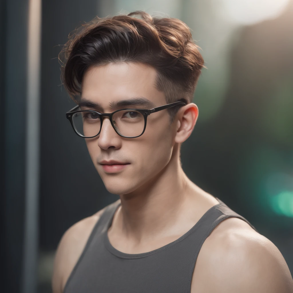 Body hair of a male robot with mashed hair and black-rimmed glasses, Look into the camera ::Futuristic cyberpunk style ,Realistic style ::n_digital-painting style, Deformed parts, deformed face ::Seed 1、Black-rimmed glasses、Mashed Hair、big nose、Clothes based on green