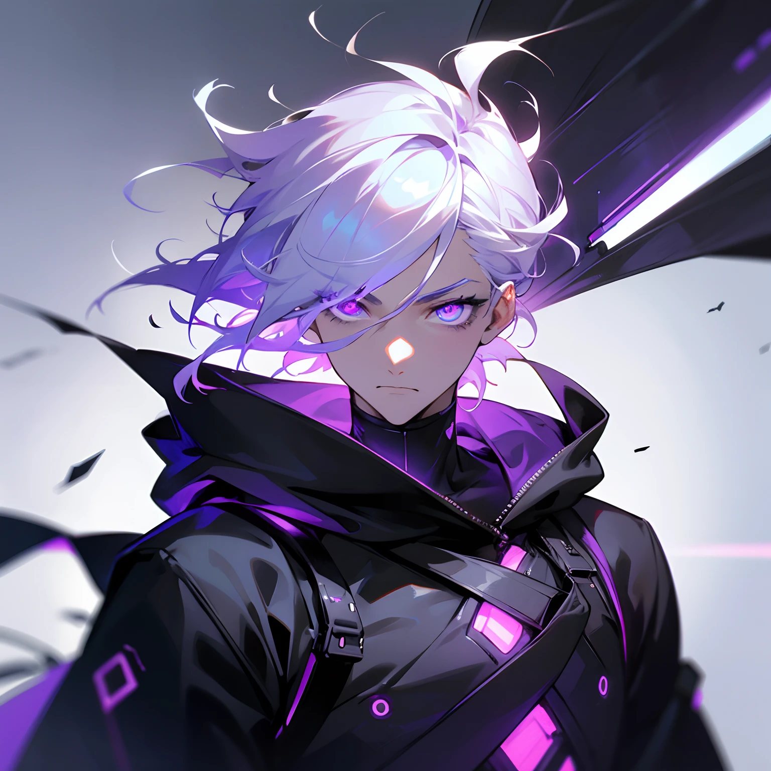 1male with white hair purple glowing radiant eye sad face expression ,white long eyelashes, short hair, wearing black hoodie, background very high tech futuristic city black and purple theme, wind blowing hair,