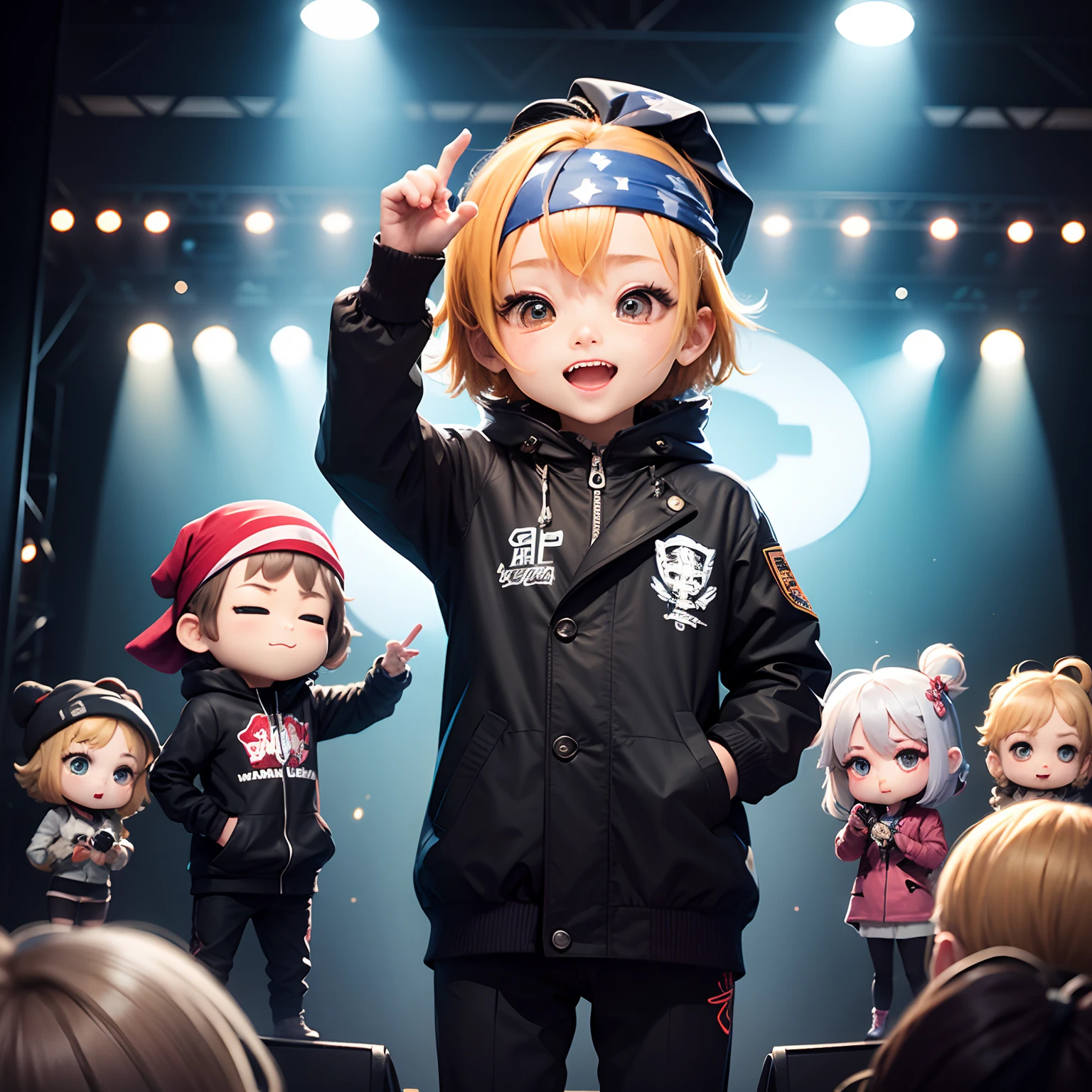 ​masterpiece、top-quality、ultra-detailliert、(Chibi Character Man:1.2)、Enthusiastic fan club、bandana on head、Shake the penlight、Matching coat、stage、3 Geeks