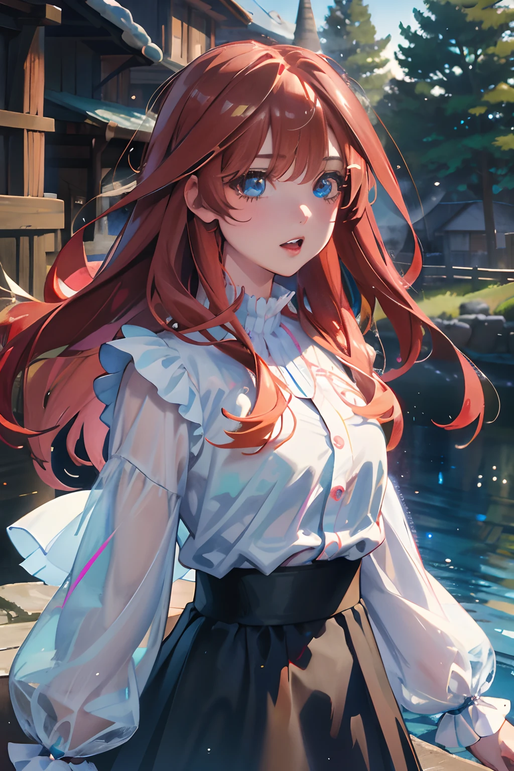 Official art, Unity 8k Wallpapers, ultra-detailliert, Beautifully Aesthetic, masterpiece, top-quality, realisitic, a closeup, Skindentation, interface, A detailed eye, A detailed face, detailed hairs, black backgrounds, straight-on, looking at the viewers, The sheen, Anime, highly detailed with reflections transparent iridescent opaque jacket, Long transparent iridescent RGB hair, 1girl in, Solo, fronds, Long hair, Blurry, Shirt, Parted lips, Outdoors, Floating hair, Long sleeves, White shirt, Bangs, Upper body, Open mouth, tusk, Brown eyes, Wind, Winters,Yuki,snowscape,Blurry background, day, depth of fields, bug,The Bride of Fifths,Satsuki Nakano,red hairs,Sparkling eyes,Eyes Like Gems,