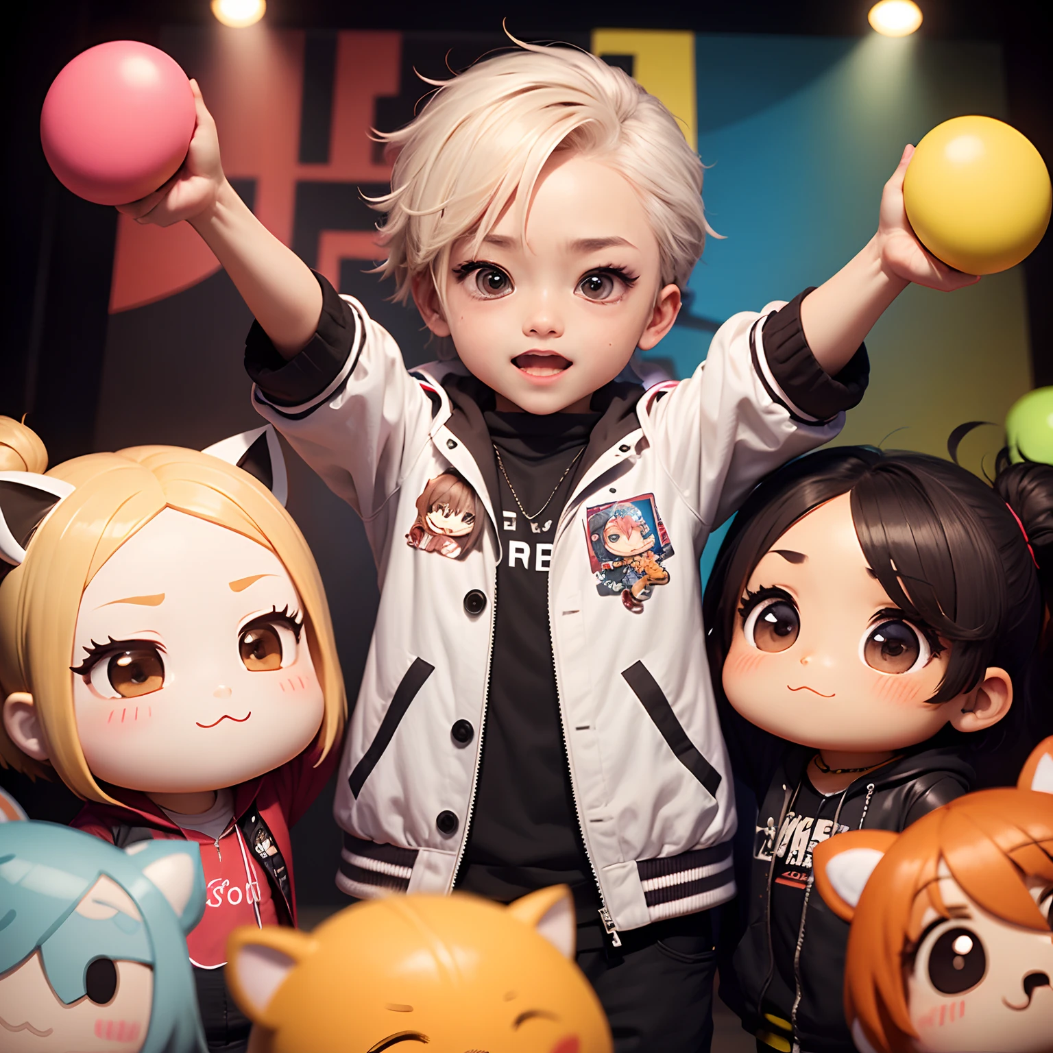 ​masterpiece、top-quality、ultra-detailliert、(Chibi Character Man:1.2)、Enthusiastic fan club、bandana on head、Shake the penlight、Matching coat、stage、3 Geeks