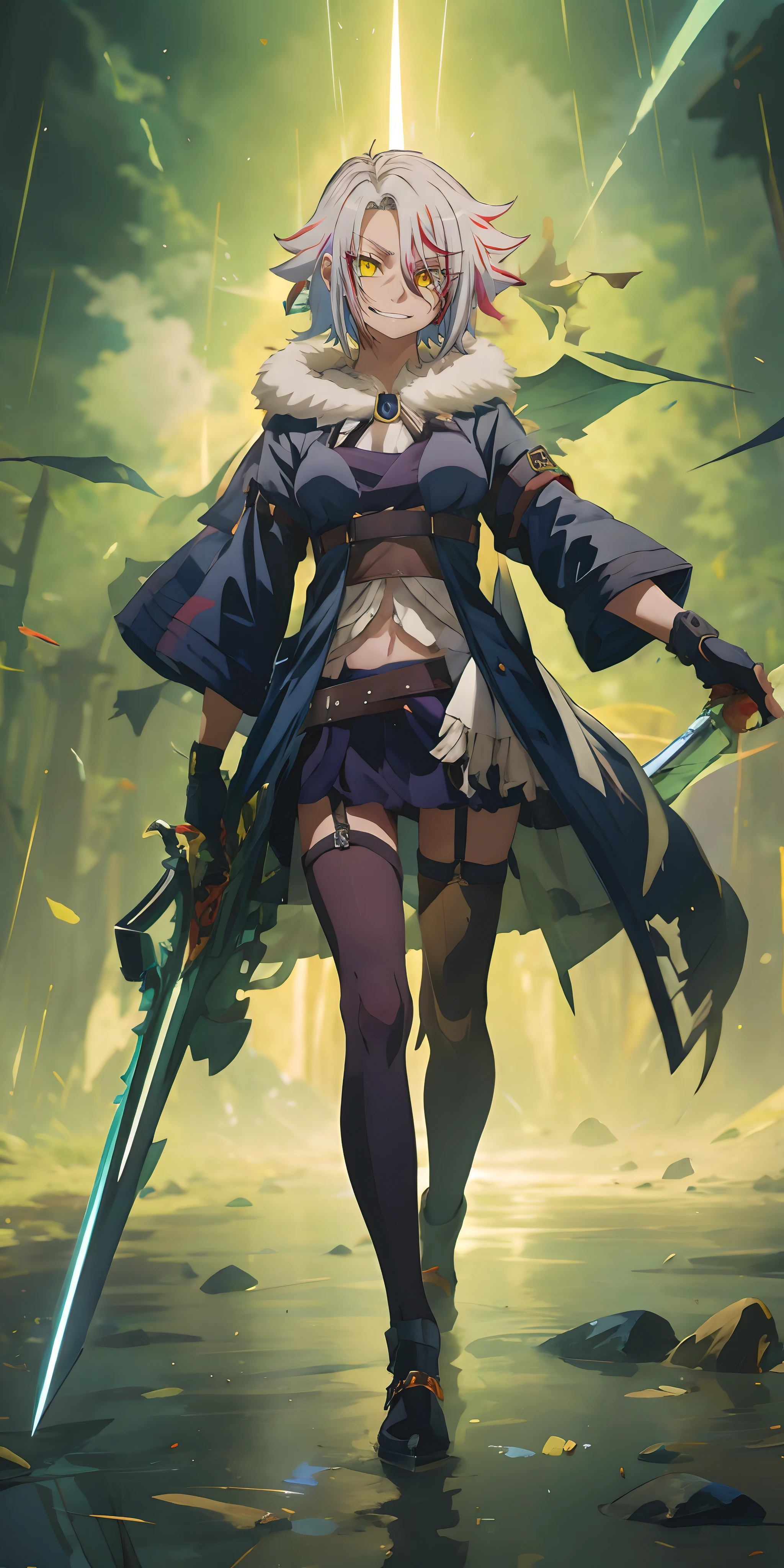 1girl, sword, holding, weapon, solo, gloves, holding_weapon, standing, holding_sword, thighhighs, black_legwear, looking_at_viewer, outdoors, long_sleeves, breasts, wide_sleeves, garter_straps, dual_wielding, coat, medium_breasts, night, black_capelet, white_jacket, blurry_background, black_shirt, black_skirt, open_coat, short_shorts, shorts, "glow effects, godrays, Hand drawn, render, 8k, octane render, cinema 4d, blender, dark, atmospheric 4k ultra detailed, cinematic, Sharp focus, big depth of field, Masterpiece, colors, 3d octane render, 4k, concept art, trending on artstation, hyperrealistic, Vivid colors, extremely detailed CG unity 8k wallpaper, trending on CGSociety, Intricate, High Detail, dramatic", anime coloring, anime screencap, sweating, steaming body, fog