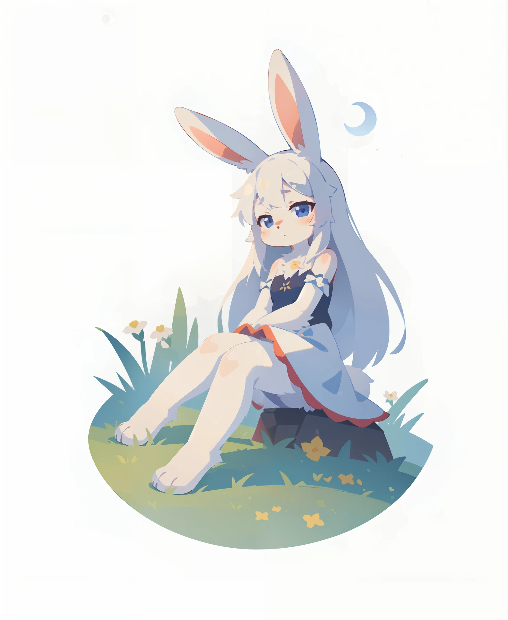 1girl, solo, (white background:1.3), (rabbit girl, rabbit ears:1.3), white dress, white hair, long hair, looking at viewer, (sitting on ground, full body), grass, flowers, (moon:1.3), (best quality, masterpiece, illustration, ultra-detailed:1.3), (uploaded on e621, furry, anthro, kemono:1.3),