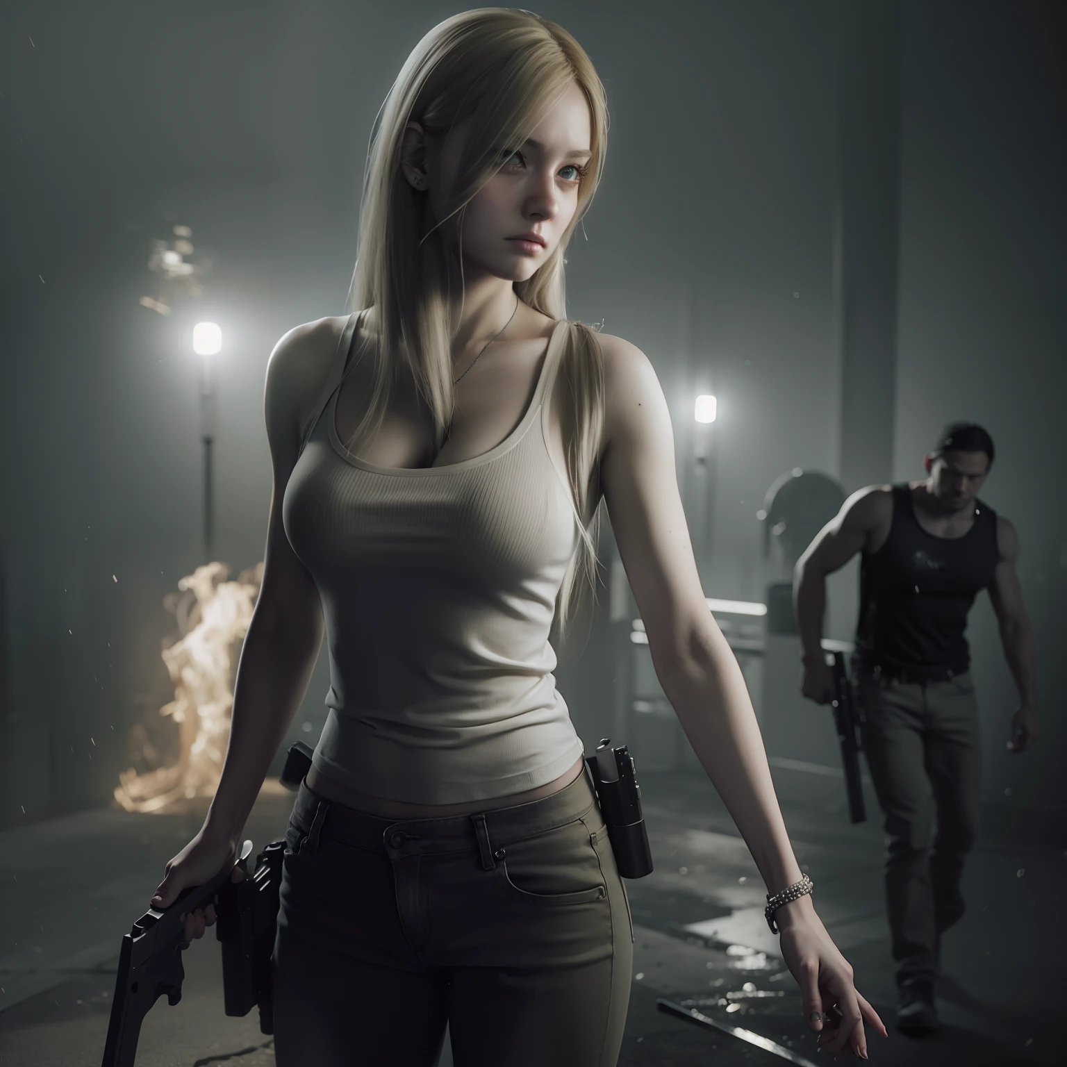 Best quality, long blonde hair, white tanktop, brown tight Jeans, holding a gun, glare expression, by unreal engine