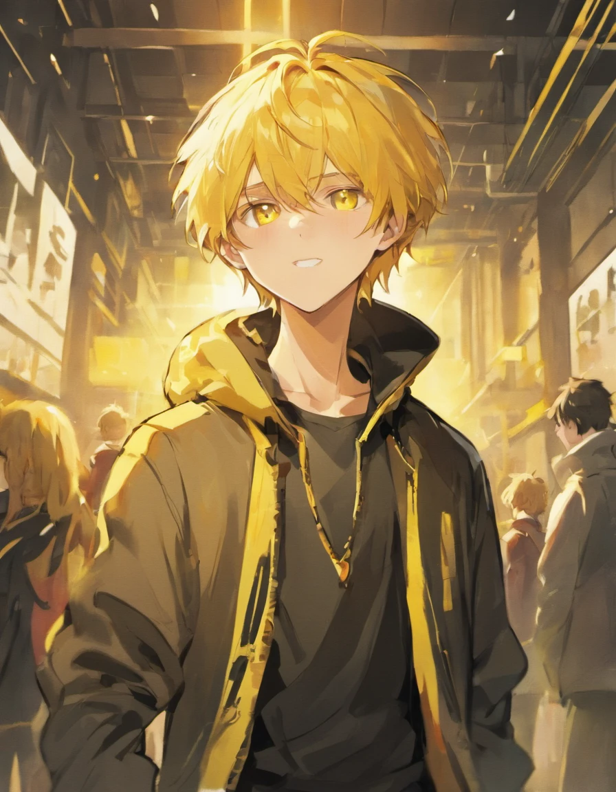 Yellow hair, golden eyes, black pants, yellow coat, male high school student, cheerful