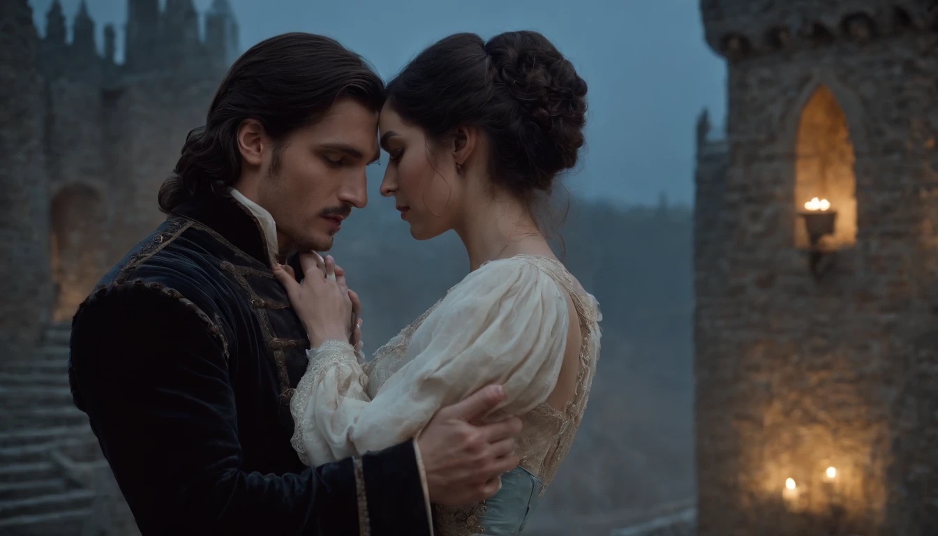 view from behind, wide view, on a castle balcony at midnight, in the shadows of a castle wall, two lovers embrace, a young gypsy man with black hair and a young noble woman with long black hair and ivory skin, hidden by the darkness of the castle, night, moon rising, snow falling, cinematic, 8k, cinematic scene from film, gothic, eerie, mysterious