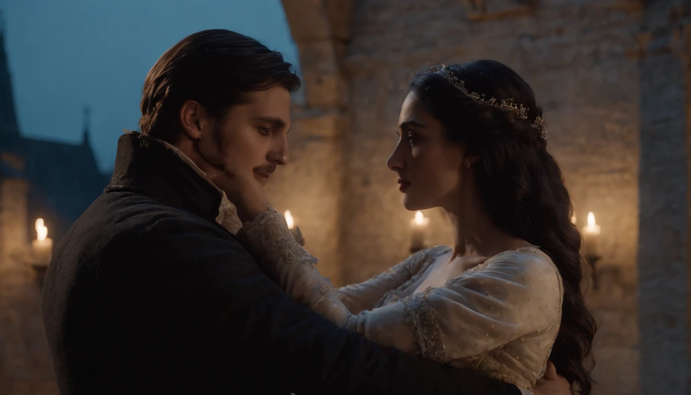 view from behind, wide view, on a castle balcony at midnight, in the shadows of a castle wall, two lovers embrace, a young gypsy man with black hair and a young noble woman with long black hair and ivory skin, hidden by the darkness of the castle, night, moon rising, snow falling, cinematic, 8k, cinematic scene from film, gothic, eerie, mysterious