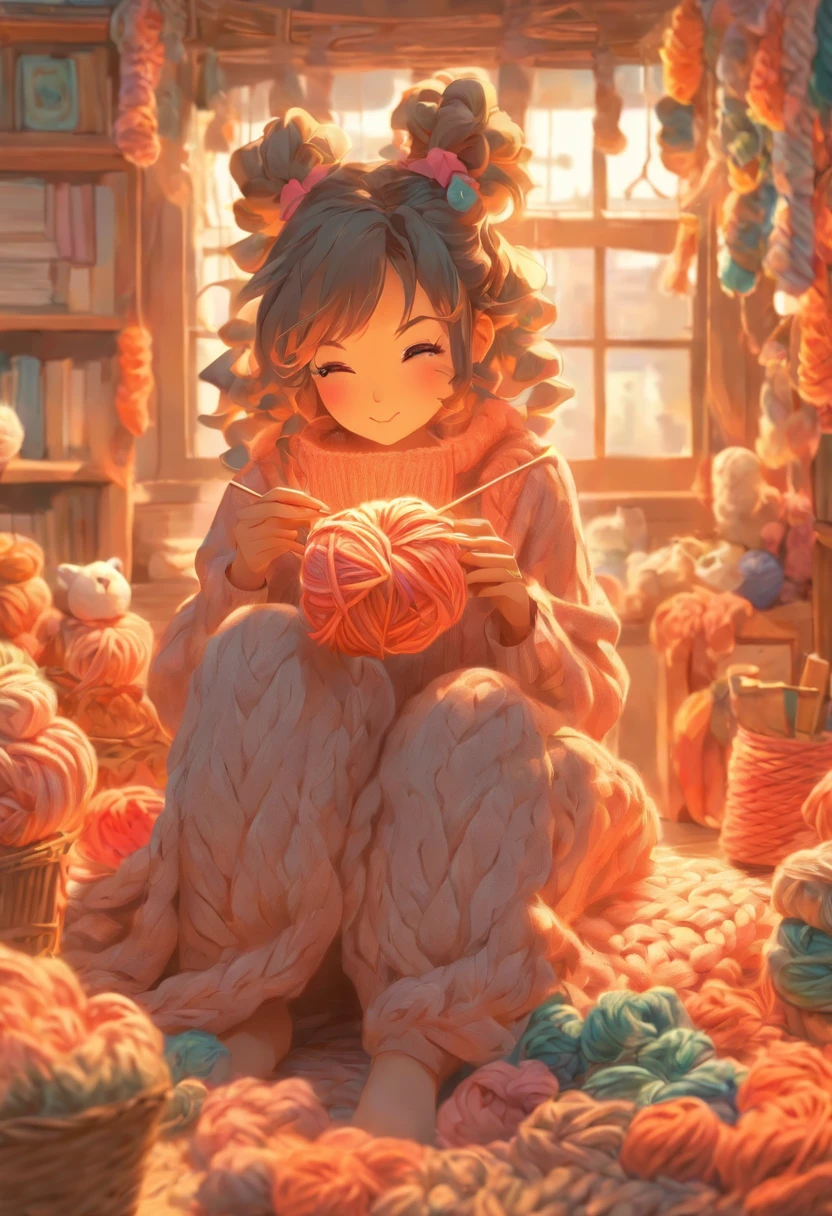 A woman is sitting knitting，