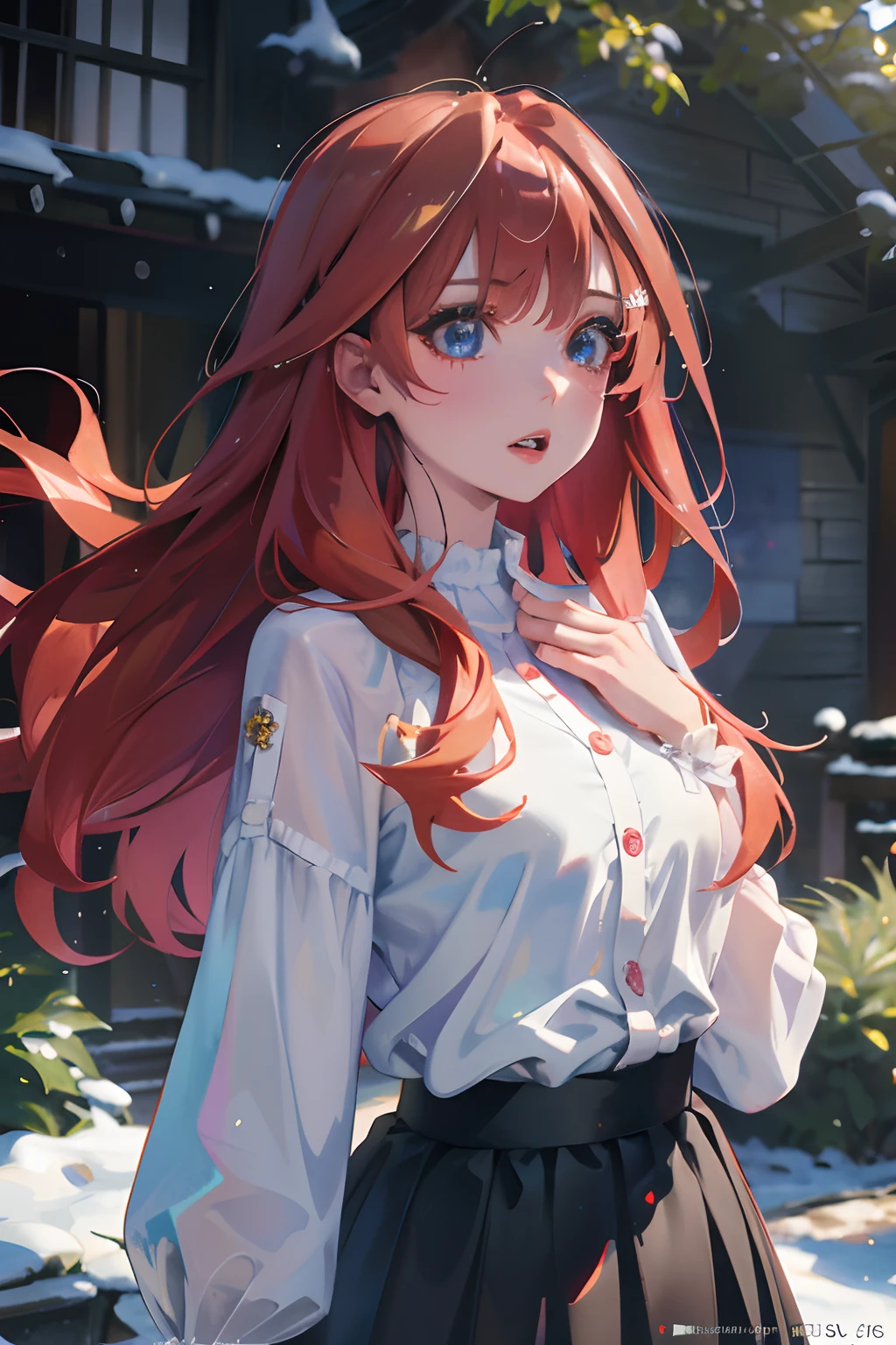 Official art, Unity 8k Wallpapers, ultra-detailliert, Beautifully Aesthetic, masterpiece, top-quality, realisitic, a closeup, Skindentation, interface, A detailed eye, A detailed face, detailed hairs, black backgrounds, straight-on, looking at the viewers, The sheen, Anime, highly detailed with reflections transparent iridescent opaque jacket, Long transparent iridescent RGB hair, 1girl in, Solo, fronds, Long hair, Blurry, Shirt, Parted lips, Outdoors, Floating hair, Long sleeves, White shirt, Bangs, Upper body, Open mouth, tusk, Brown eyes, Wind, Winters,Yuki,snowscape,Blurry background, day, depth of fields, bug,The Bride of Fifths,Satsuki Nakano,red hairs,Sparkling eyes,Eyes Like Gems,