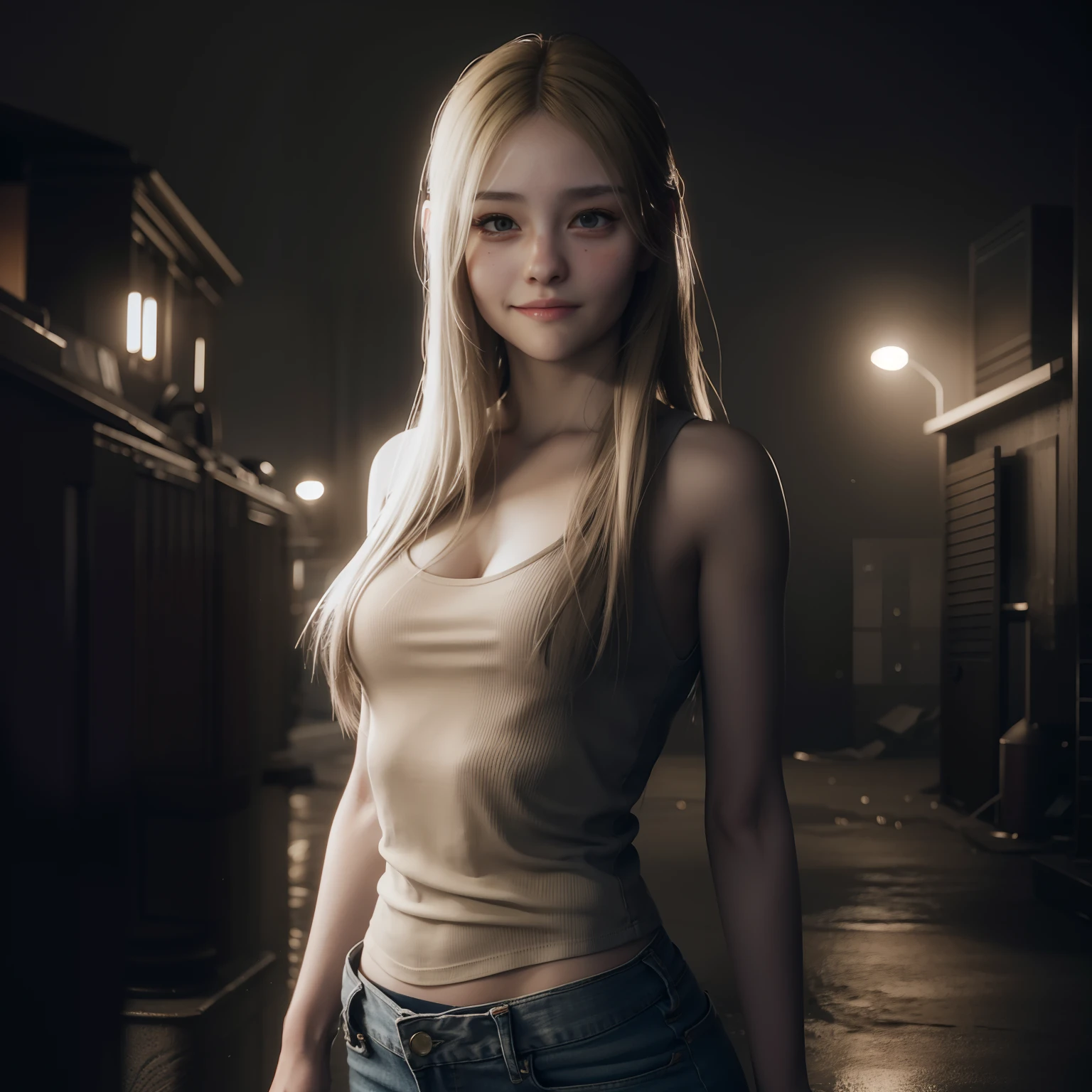 Best quality, little smile, long blonde hair, white tanktop, brown tight jeans, shy expression, by unreal engine