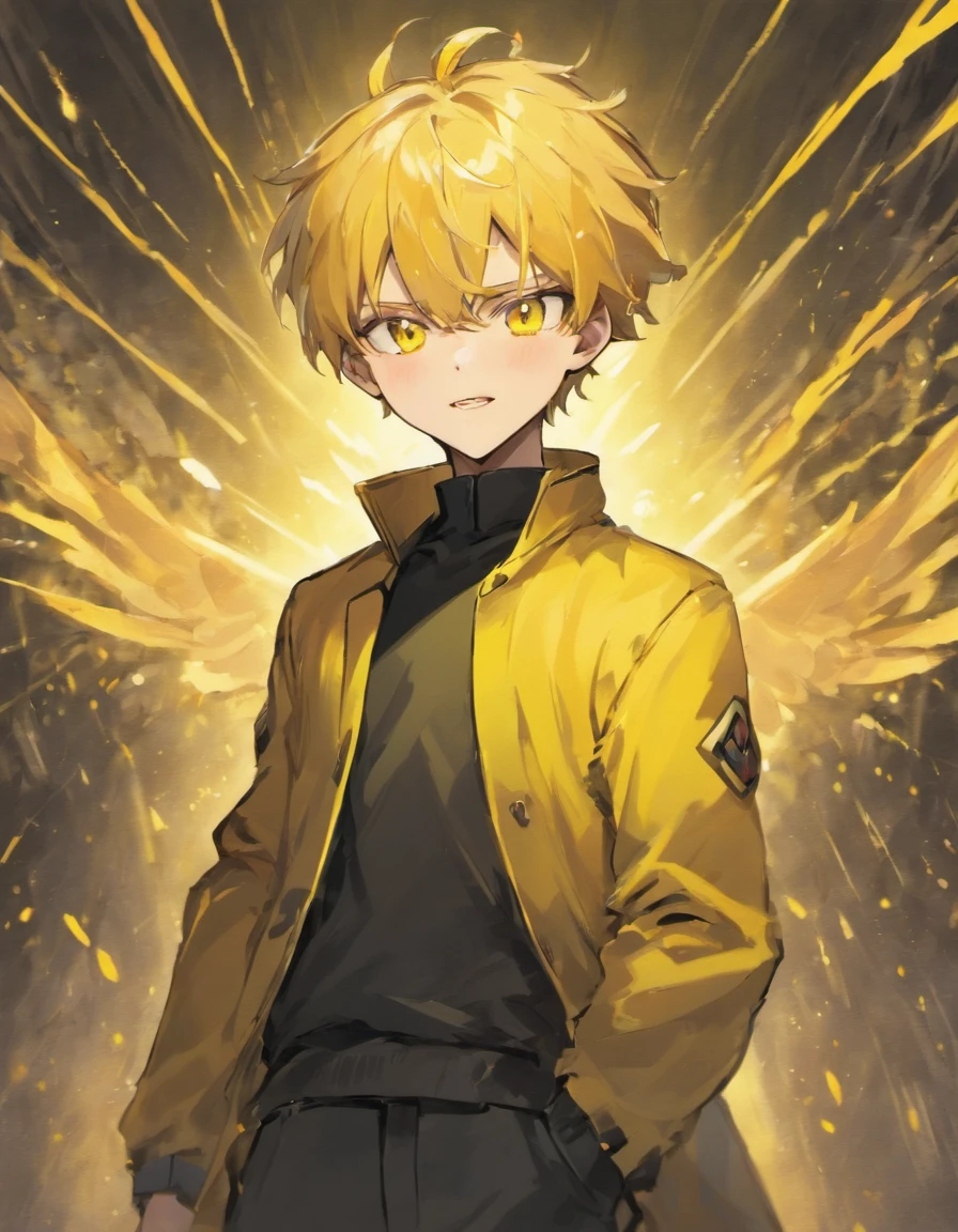Yellow hair, golden eyes, black pants, yellow coat, mature male, cheerful