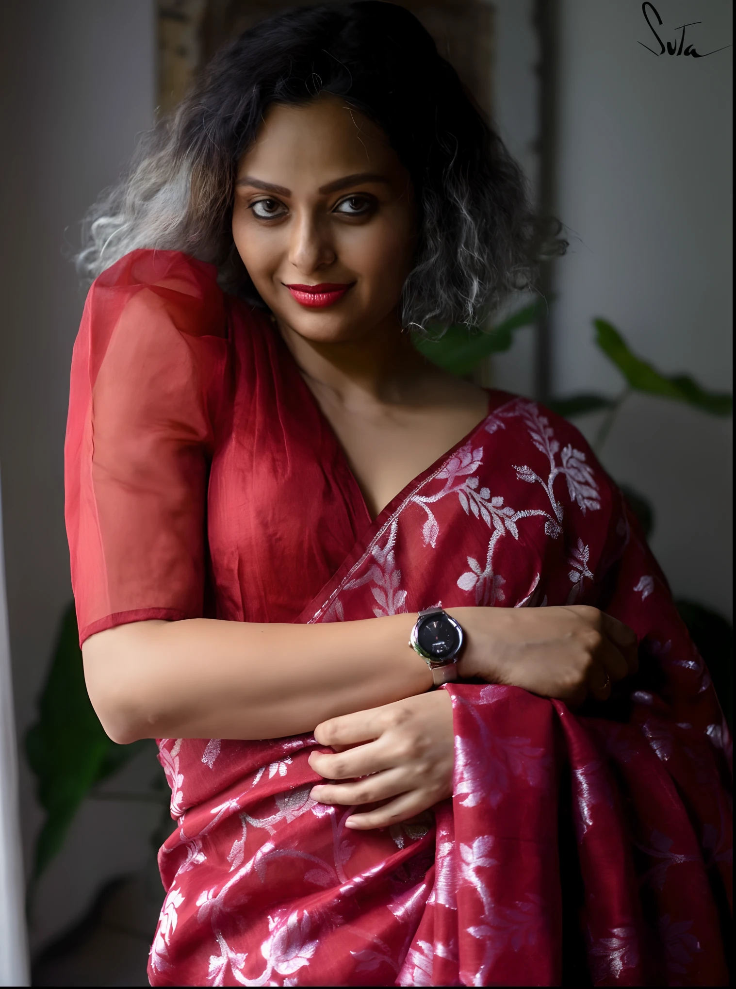 there is a woman in a red sari posing for a picture, assamese aesthetic, dressed in a sari, wearing a steampunk sari, inspired by Sunil Das, wearing a sari, posing elegantly over the camera, inspired by Odhise Paskali, shot on sony a 7, shot on canon eos r 5, shot on canon eos r5