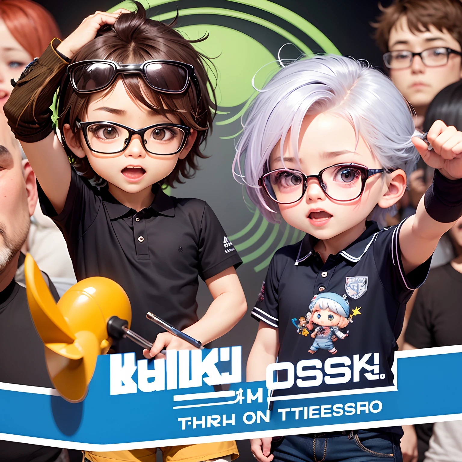 ​masterpiece、top-quality、ultra-detailliert、(Chibi Character Man:1.2)、Enthusiastic fan club、bandana on head、Shake the penlight、polo shirts、JINS、Round glasses、stage、3. Geek