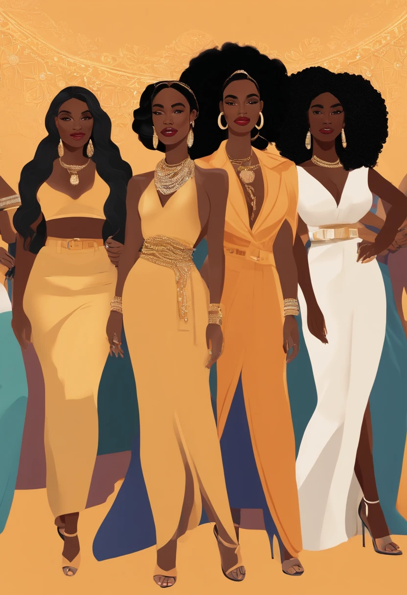 Group lightbrown skin women + a diamond chain around necks + Fendi designer clothes + standing in front of mamsion posing and smiling + long black curly hair and hair edges