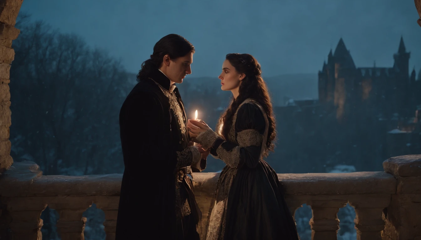 silhouette view, wide view, on a snowy castle balcony at midnight, in the shadows of a castle wall, two lovers embrace, a young gypsy man with black hair and a young noble woman with long black hair and ivory skin, hidden by the darkness of the castle, night, moon rising, snow falling, cinematic, 8k, cinematic scene from film, gothic, eerie, mysterious