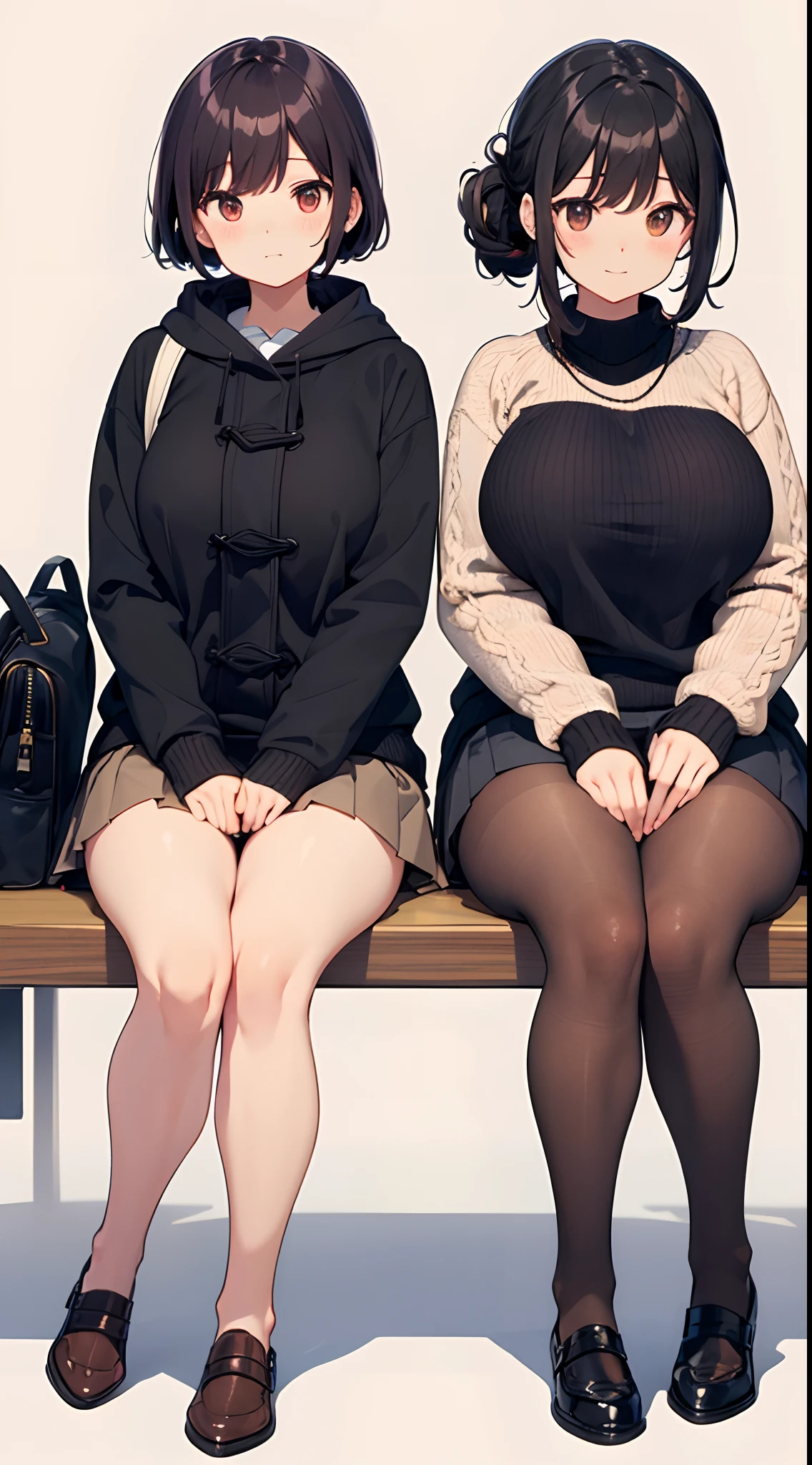 a high chroma、​masterpiece、top-quality、hight resolution、extremely delicate and beautiful、beutiful breast、femele１a person、((独奏、femele１a person、Single-color background、white backgrounid、Chignon、Black hair、thick legs、thick thighs))、knitted sweater、Duffel coat、a miniskirt、Brown tights、bbw、sitting with one's legs spread