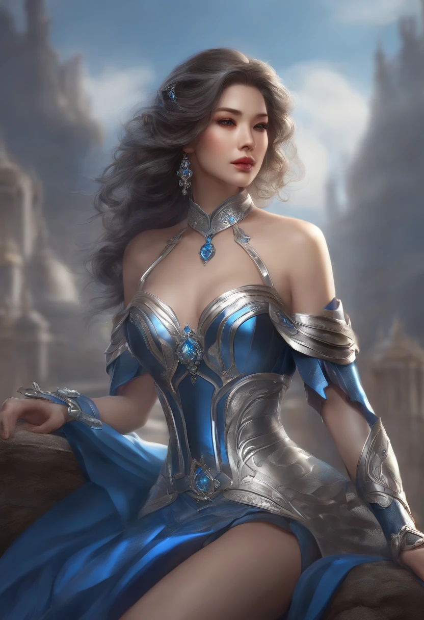 a close up of a woman in a silver and blue dress, chengwei pan on artstation, by Yang J, detailed fantasy art, stunning character art, fanart best artstation, epic exquisite character art, beautiful armor, extremely detailed artgerm, detailed digital anime art, artgerm on artstation pixiv, armor girl