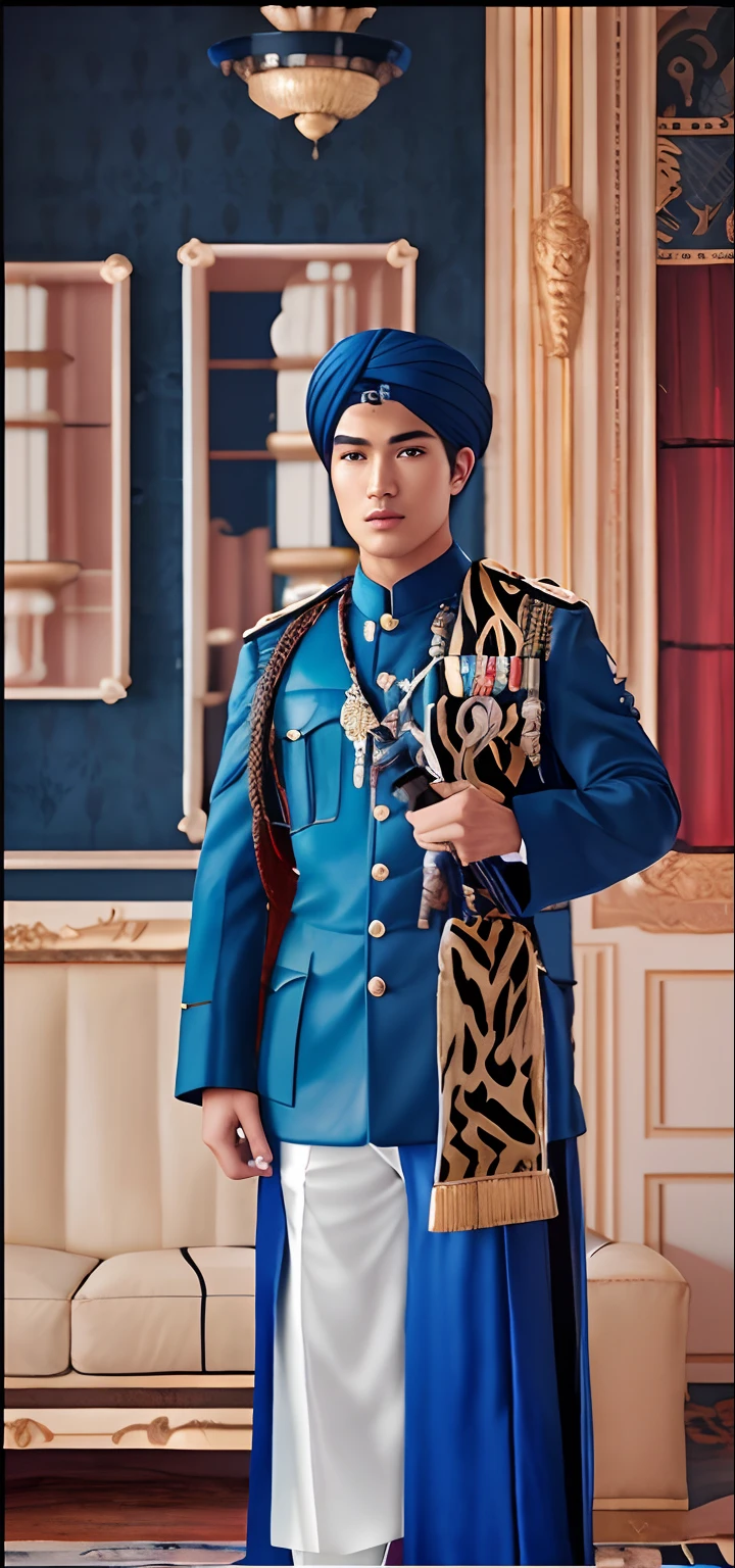 "FH, Masterpiece, best quality, sharp, contrast, realistic drawing, tall black haired man, mario maurer face in blue turban, military uniform, holding command stick, black and white tiger skin leather turban black and white on shoulder, living room kingdom, pastel colours, luminous design, ink drips, autums light, ultra detail photography.